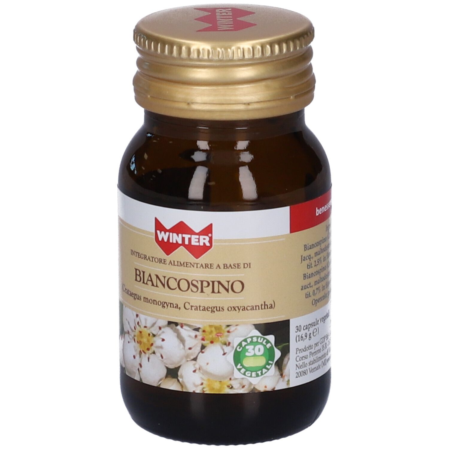 Flacone di vetro marrone con tappo dorato. Etichetta con nome, logo e 30 capsule vegetali.