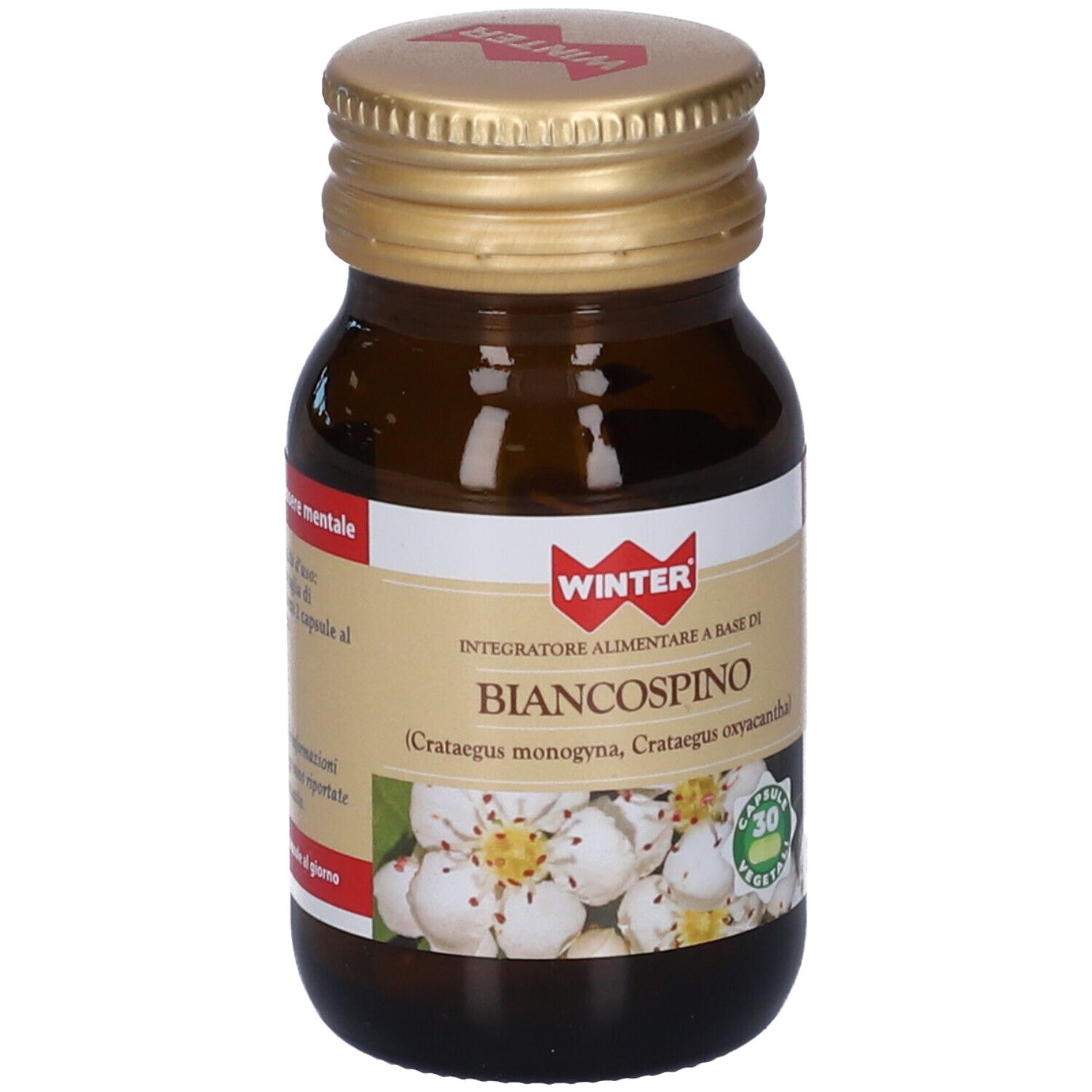 Flacone di vetro marrone con tappo dorato. Etichetta con nome, logo e 30 capsule vegetali.