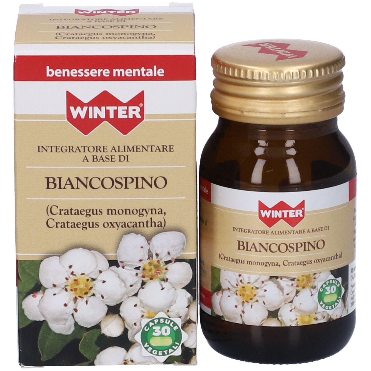 Flacone e scatola del prodotto. Scatola con nome e logo. Flacone con 30 capsule.