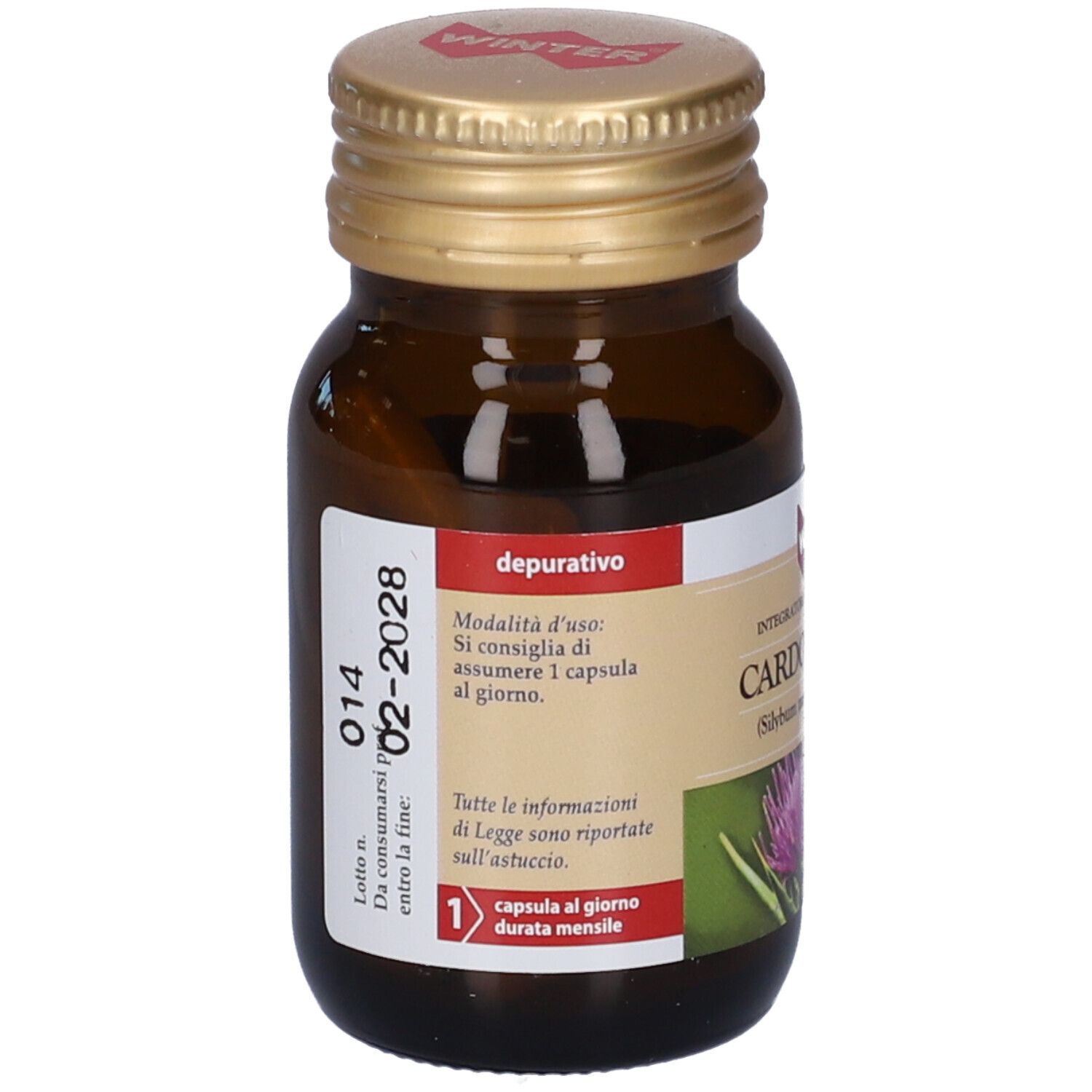 Flacone di vetro marrone con tappo dorato. Etichetta con informazioni prodotto e scadenza. 1 capsula al giorno.