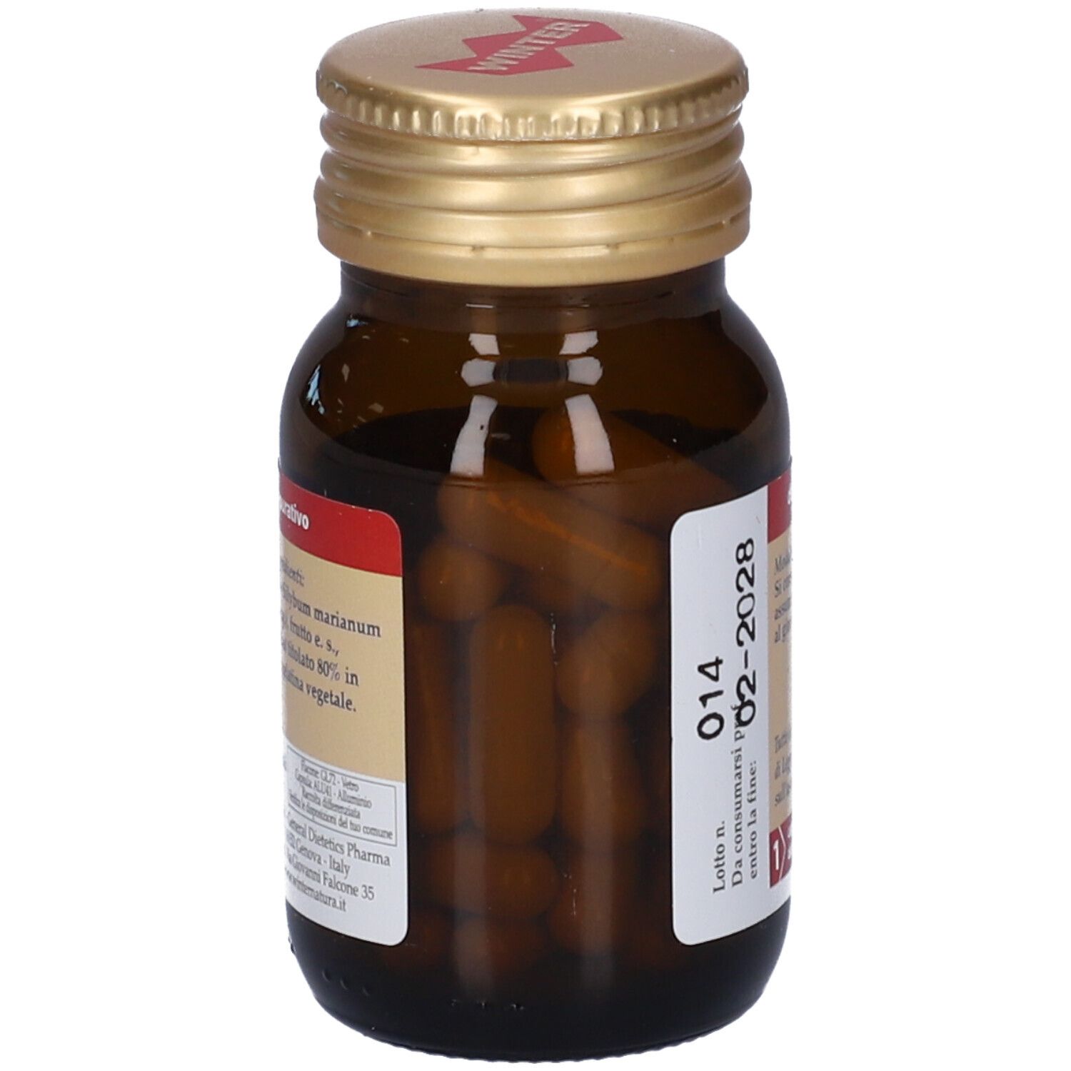 Flacone di vetro marrone con tappo dorato. Capsule visibili all'interno. Etichetta con informazioni prodotto.