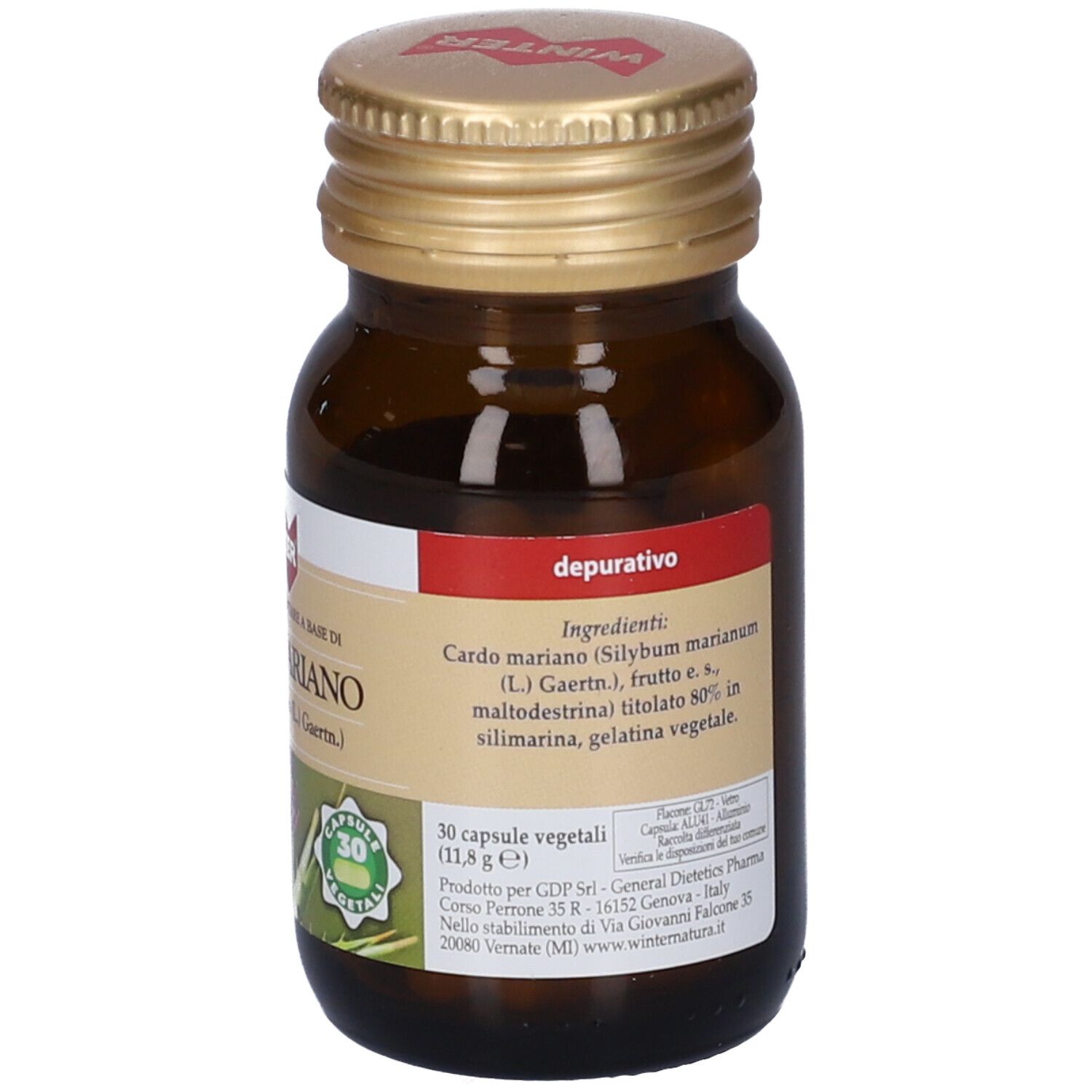 Flacone di vetro marrone con tappo dorato. Etichetta con ingredienti e informazioni prodotto. 30 capsule.