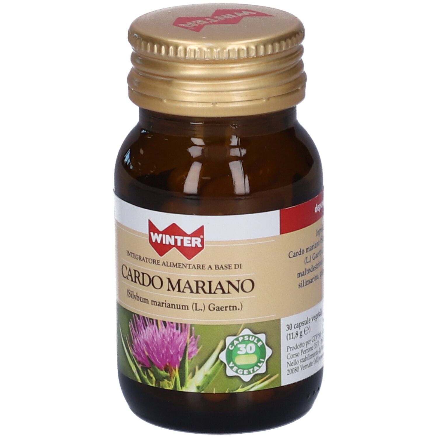 Flacone di vetro marrone con tappo dorato. Etichetta con nome del prodotto e immagine di cardo. 30 capsule.