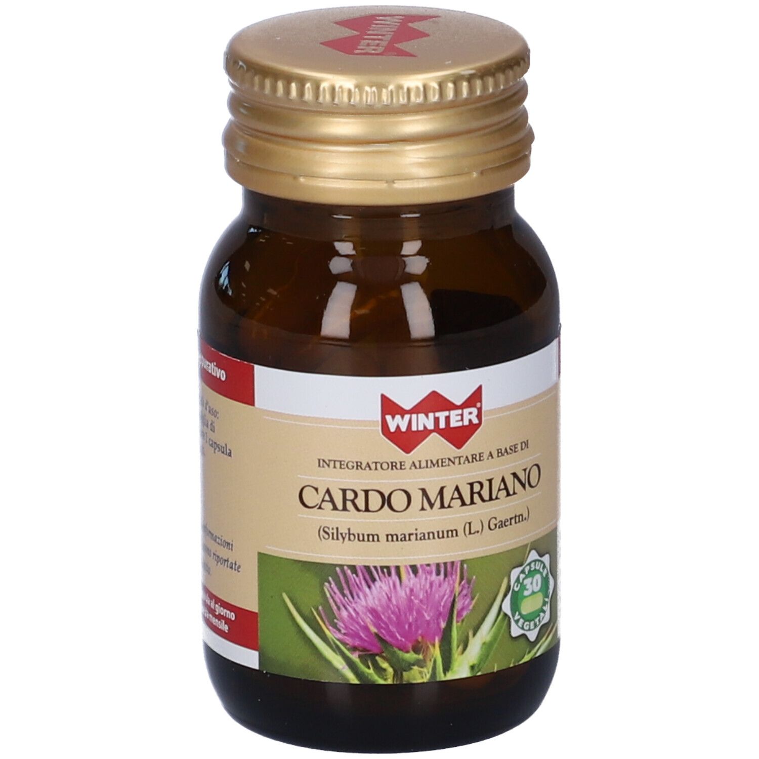 Flacone di vetro marrone con tappo dorato. Etichetta con nome del prodotto e immagine di cardo. 30 capsule.