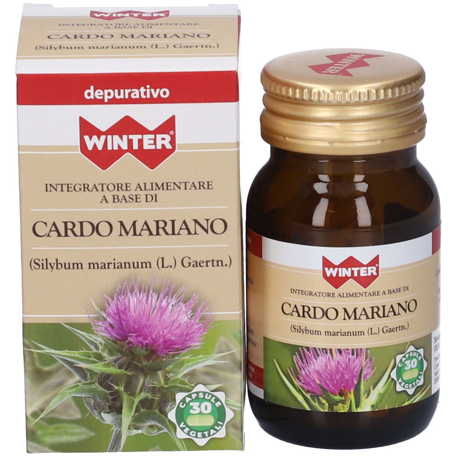 Flacone di vetro marrone e scatola. Nome del prodotto e cardo su etichetta e confezione. 30 capsule.