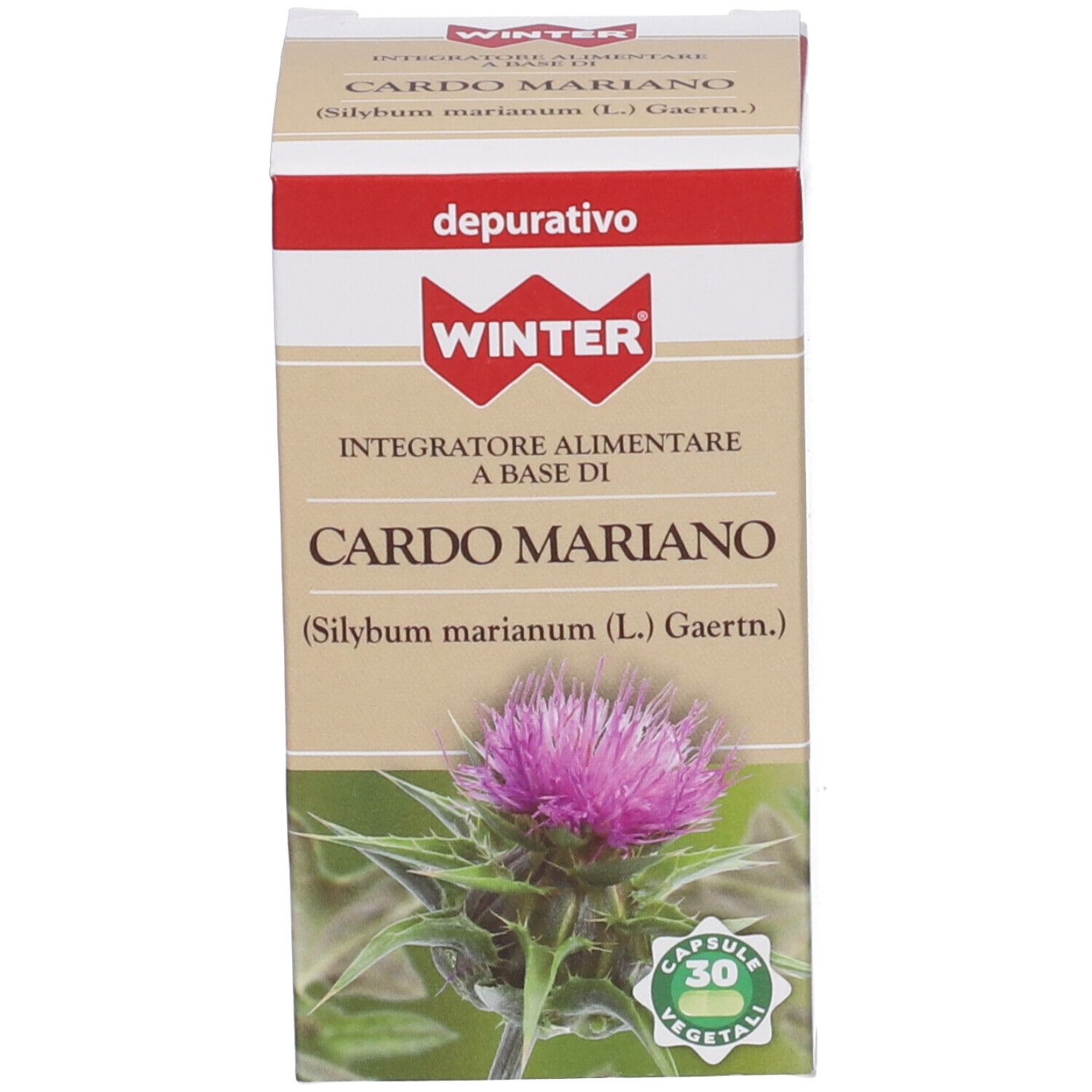 Confezione in cartone con nome del prodotto e cardo. 30 capsule. Etichetta con informazioni prodotto.