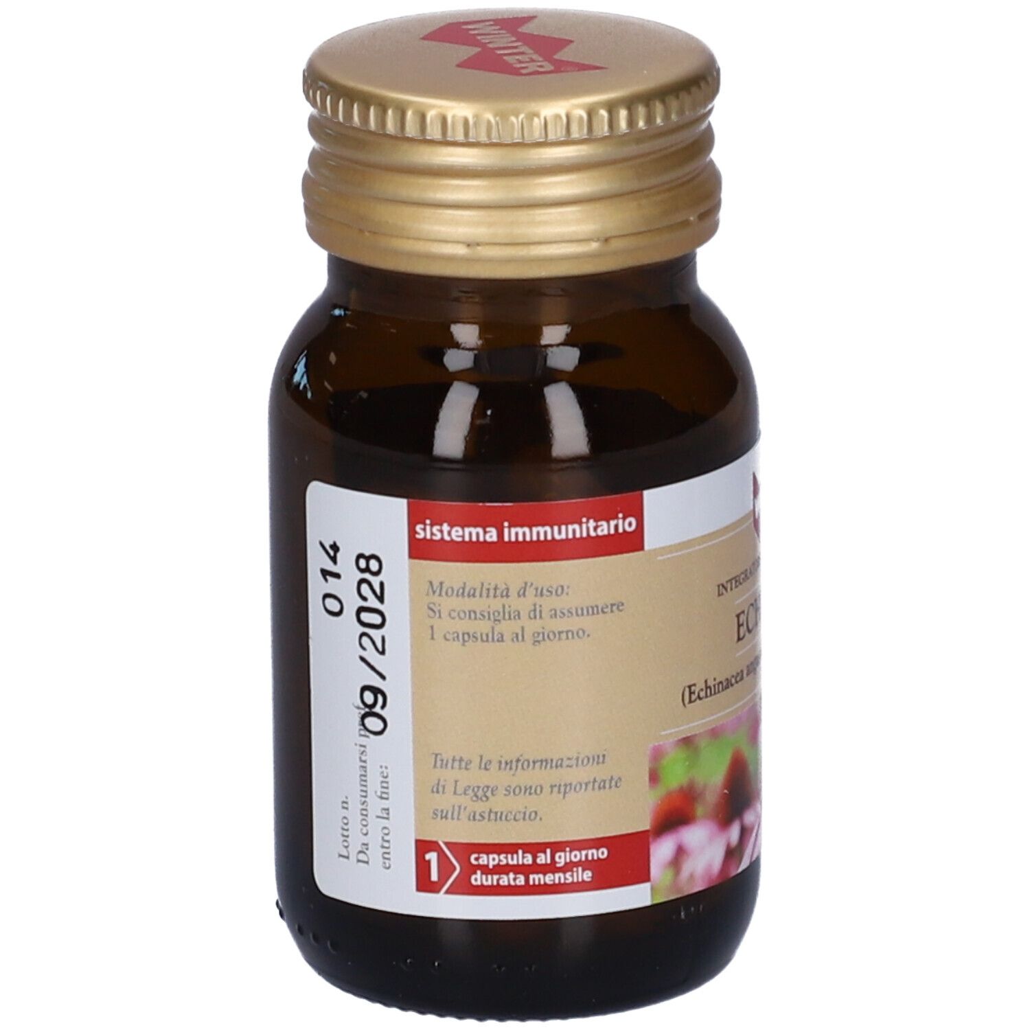 Flacone in vetro marrone con tappo dorato. Etichetta con informazioni prodotto e scadenza. 30 capsule.