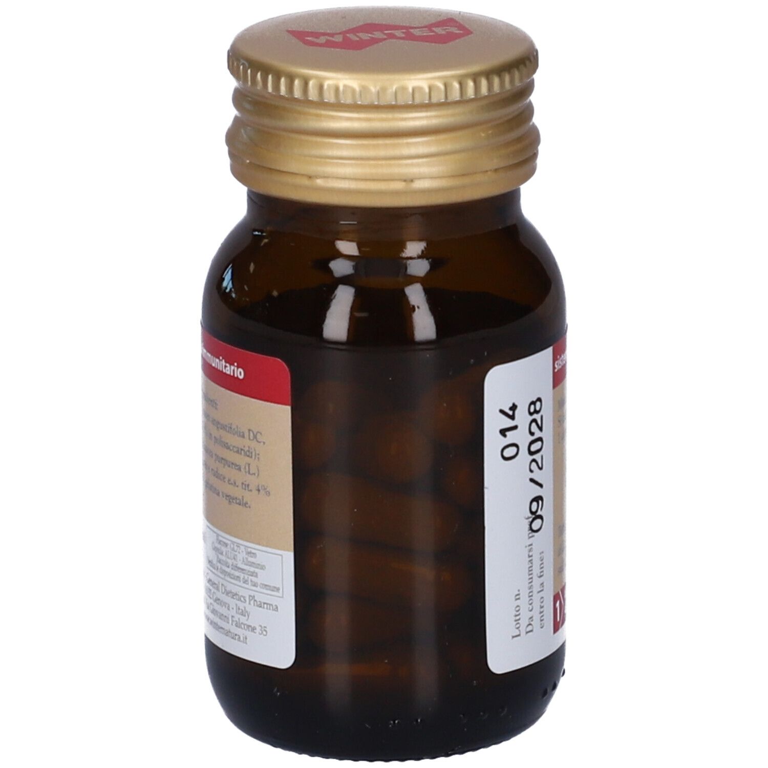 Flacone in vetro marrone con tappo dorato. Etichetta con informazioni prodotto. 30 capsule.