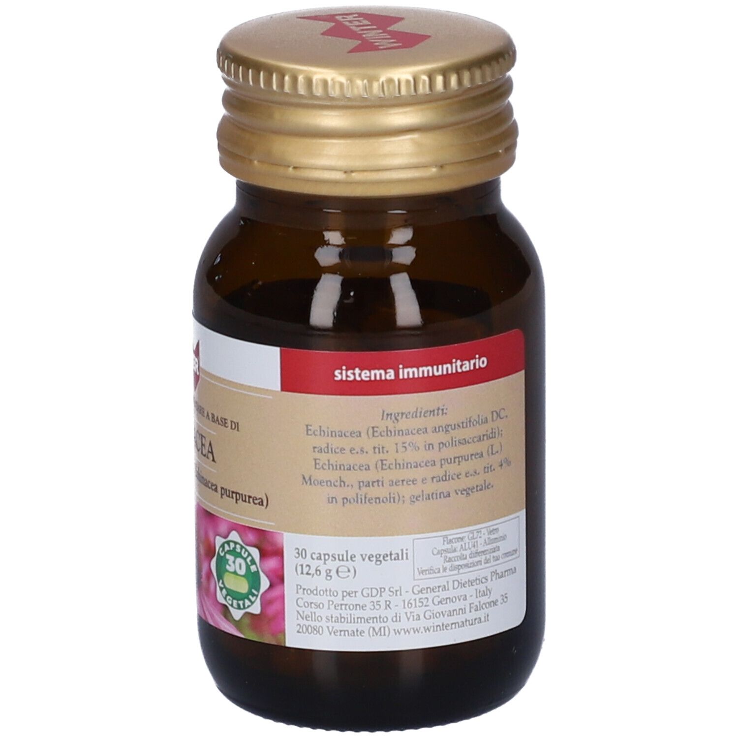 Flacone in vetro marrone con tappo dorato. Etichetta con ingredienti e informazioni prodotto. 30 capsule.