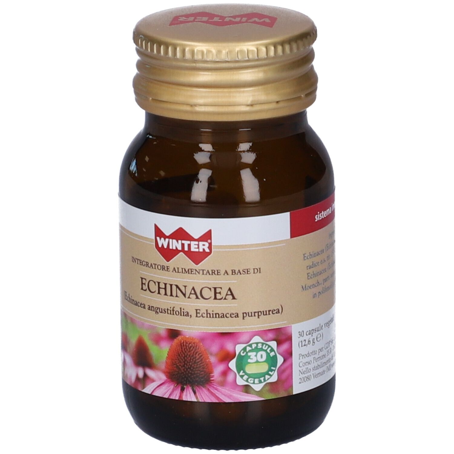 Flacone in vetro marrone con tappo dorato. Etichetta con nome prodotto e immagine fiore. 30 capsule.