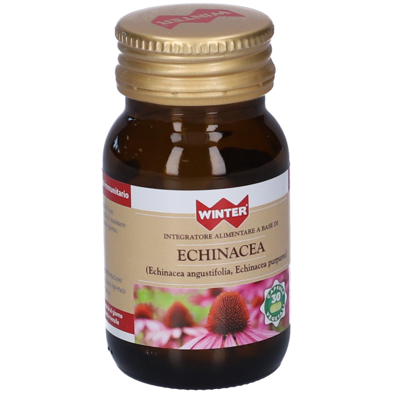 Flacone in vetro marrone con tappo dorato. Etichetta con nome prodotto e immagine fiore. 30 capsule.