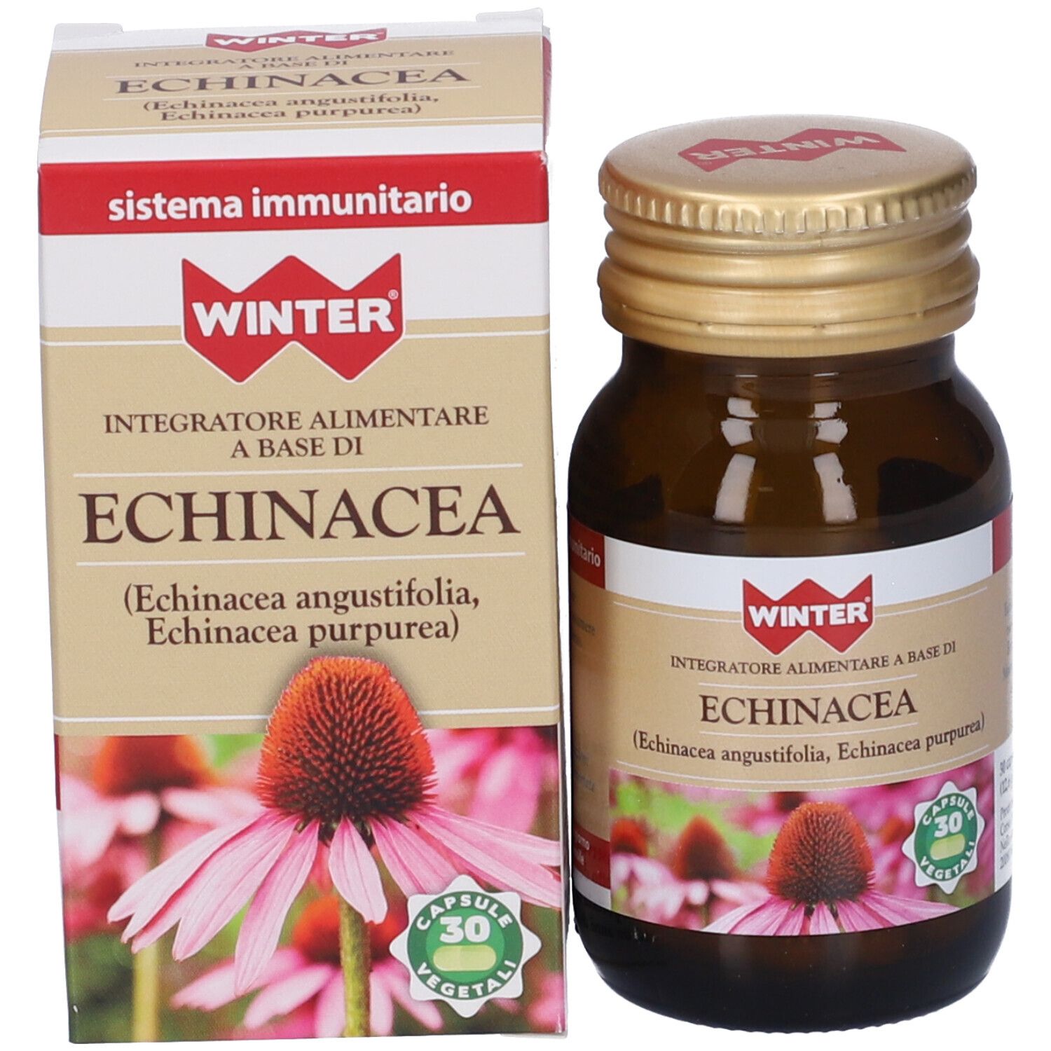 Confezione prodotto con flacone e scatola. Flacone: vetro marrone, tappo dorato. Scatola: nome prodotto, immagine fiore.