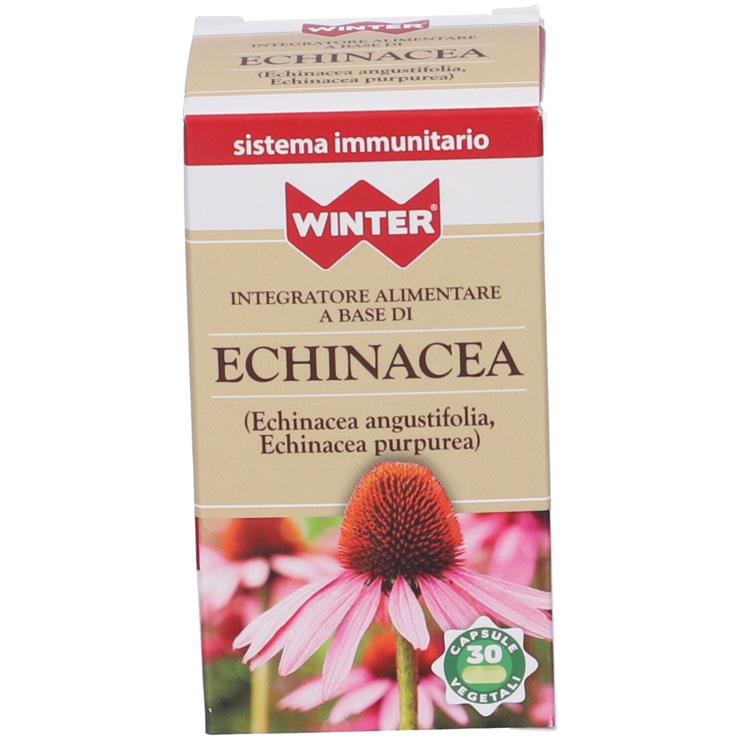 Scatola prodotto con nome e immagine fiore. 30 capsule. Winter Echinacea.