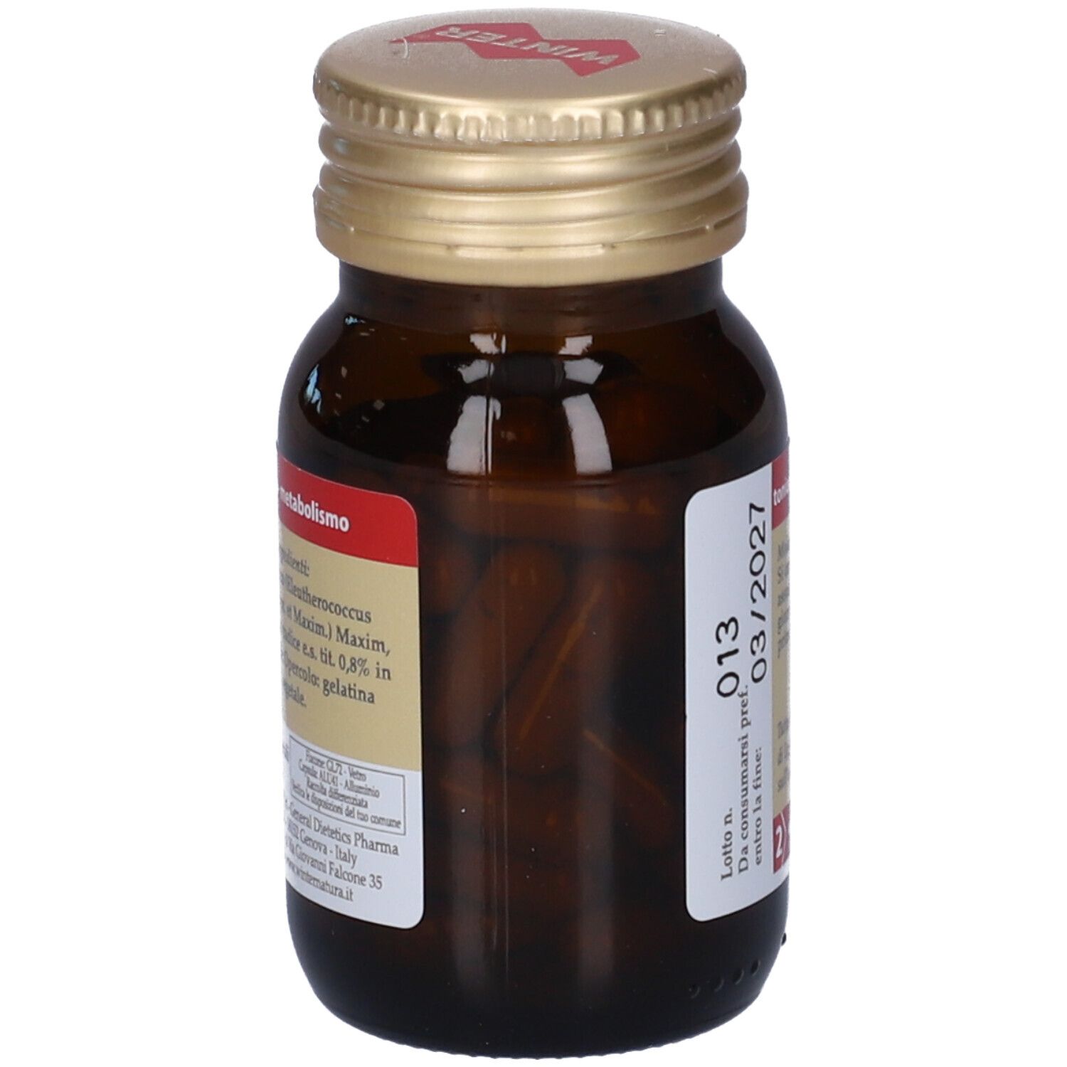 Flacone di vetro marrone con tappo dorato. Retro con elenco ingredienti e data di scadenza 03/2027.
