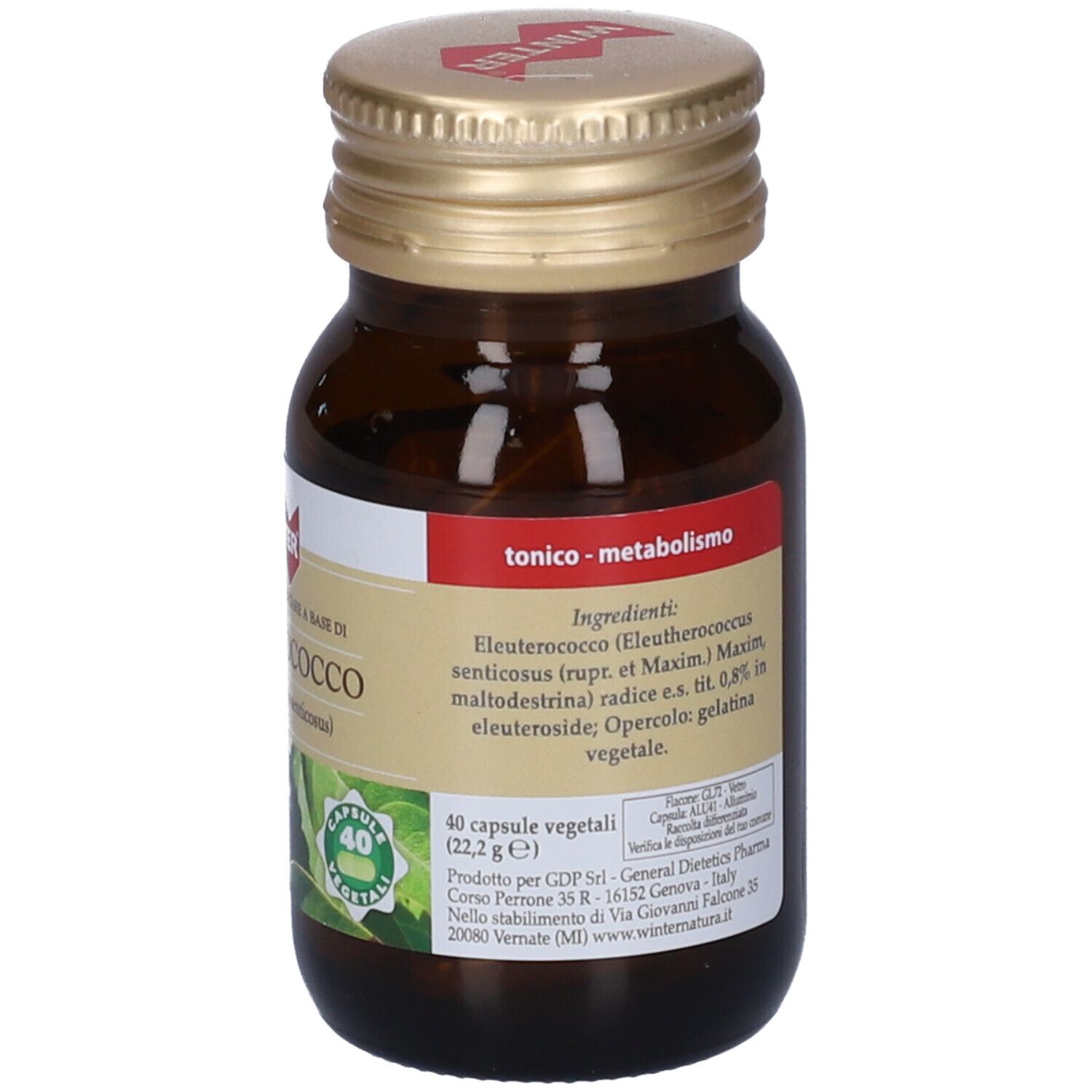 Flacone di vetro marrone con tappo dorato. Etichetta con ingredienti e 40 capsule vegetali.