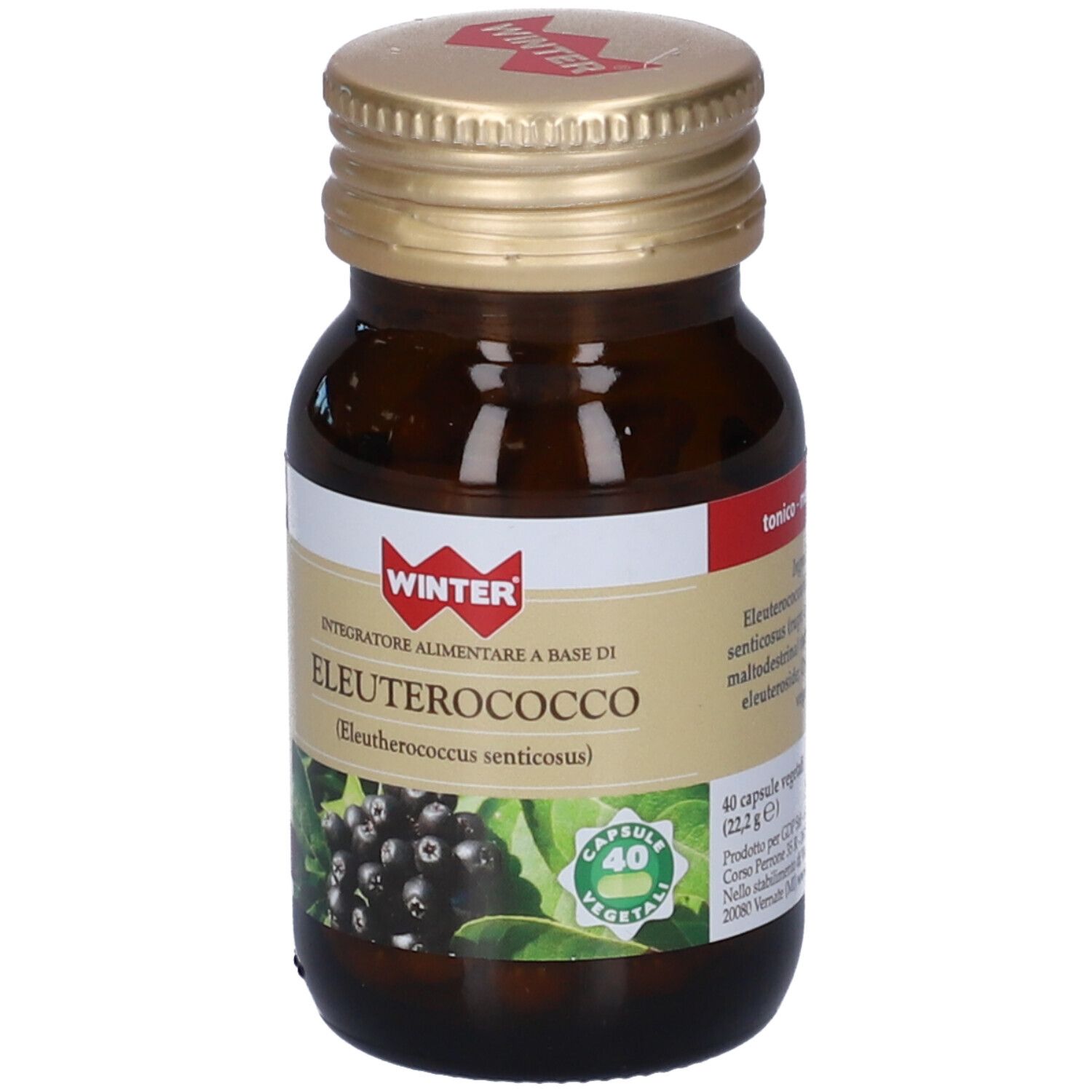 Flacone di vetro marrone con tappo dorato. Etichetta con nome del prodotto, illustrazione di bacche e 40 capsule.