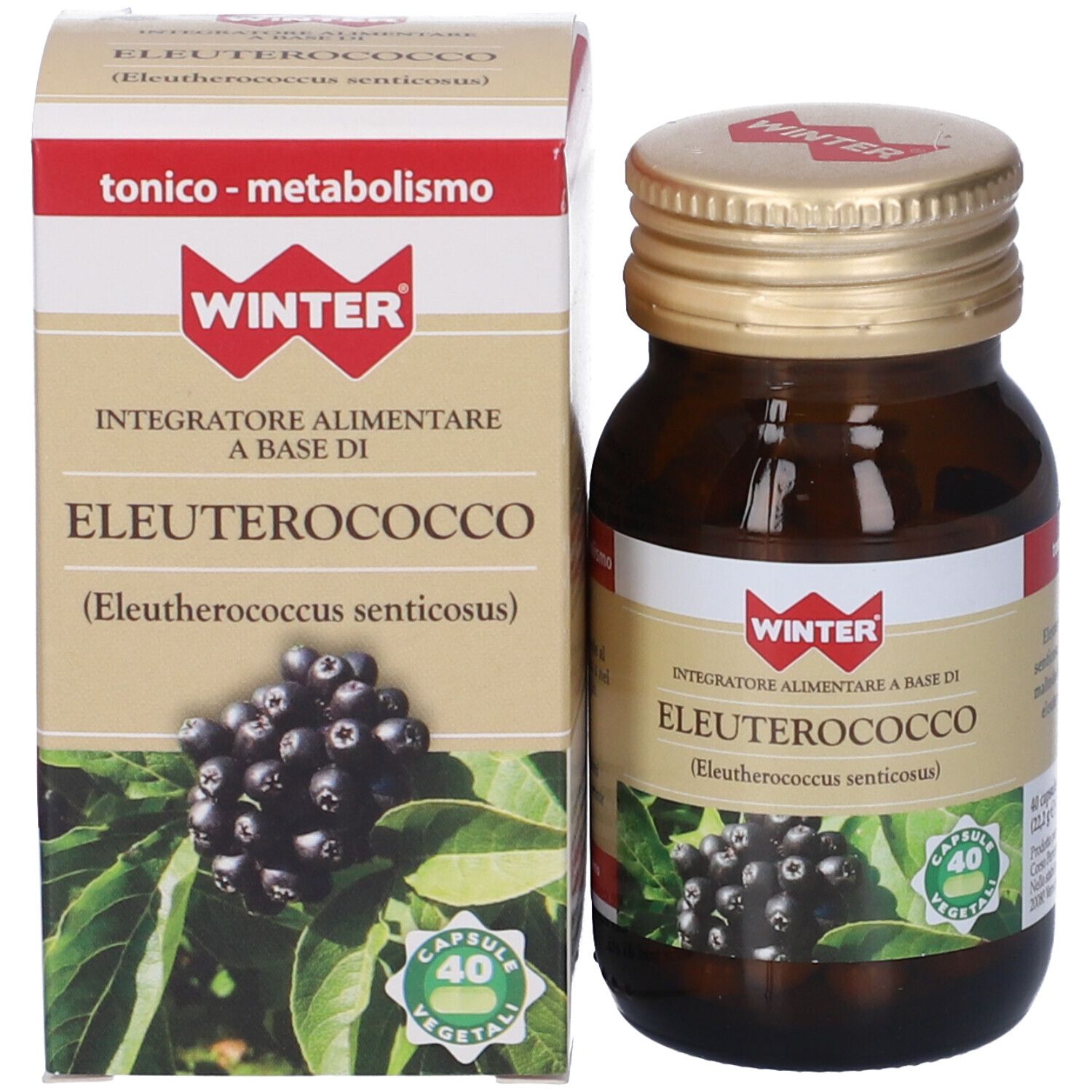 Flacone e confezione del prodotto. Flacone marrone con tappo dorato. Scatola con nome del prodotto e illustrazione.