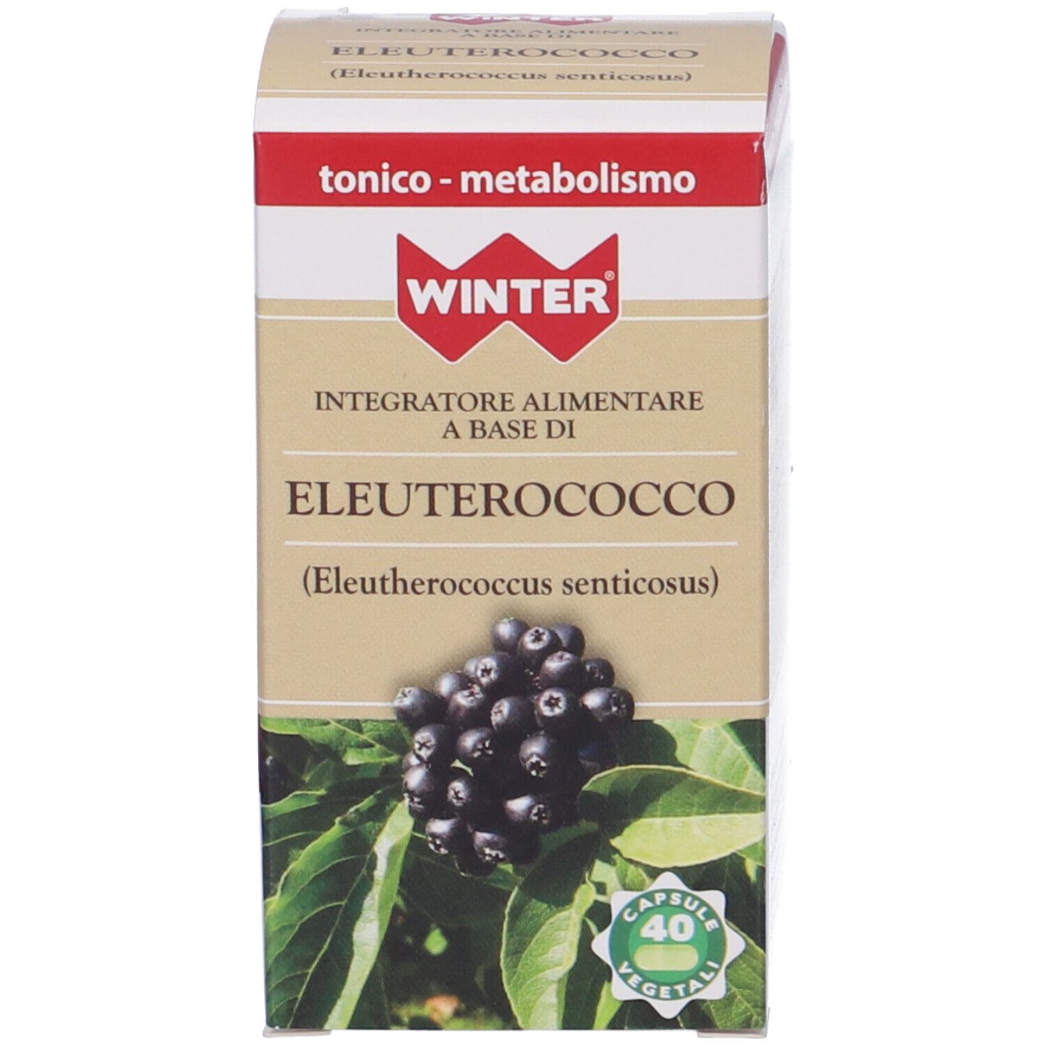 Confezione del prodotto. Scatola con nome del prodotto, illustrazione di bacche e 40 capsule.