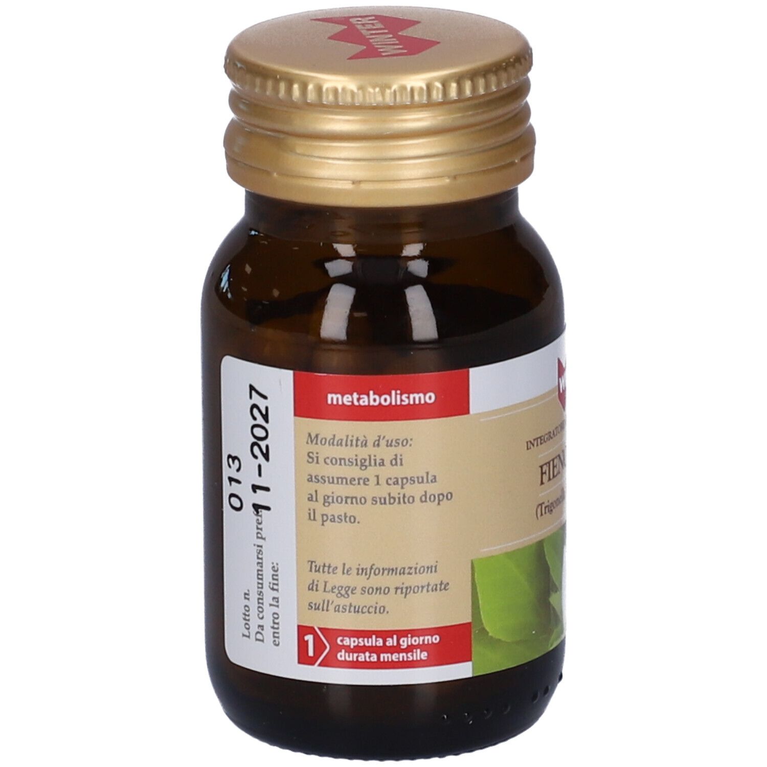 Flacone di vetro marrone con tappo dorato. Etichetta con informazioni sul prodotto. Scadenza 11-2027. 1 capsula al giorno.