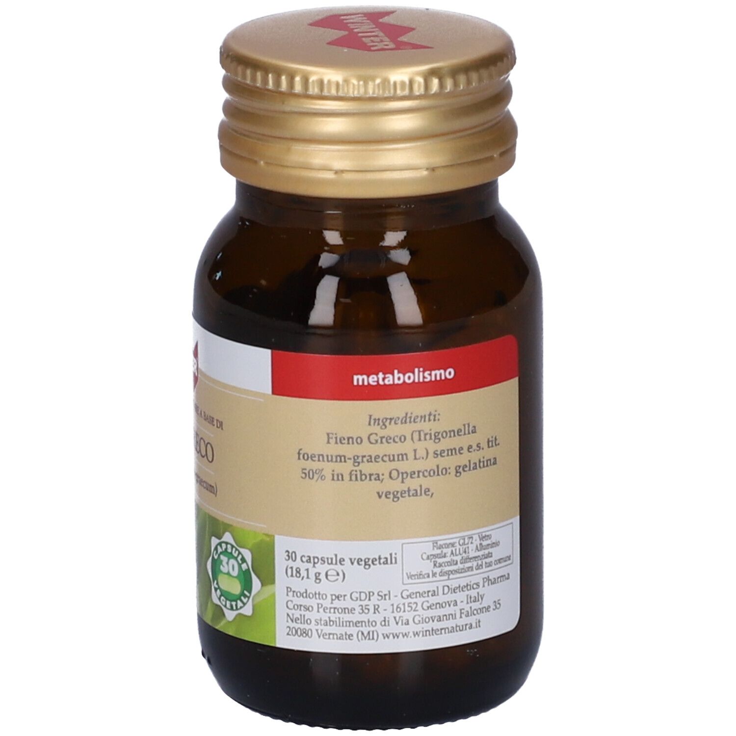 Flacone di vetro marrone con tappo dorato. Etichetta con ingredienti e informazioni sul prodotto. 30 capsule vegetali.