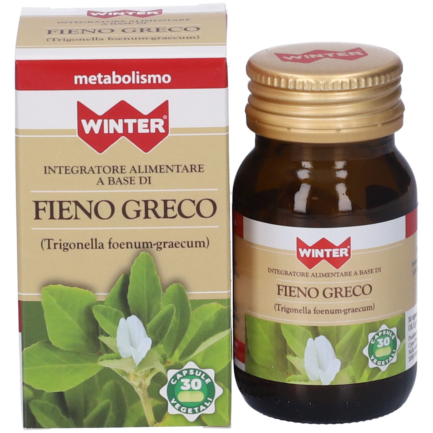 Flacone di vetro marrone e scatola. Flacone con tappo dorato. Scatola con informazioni sul prodotto e logo. 30 capsule.