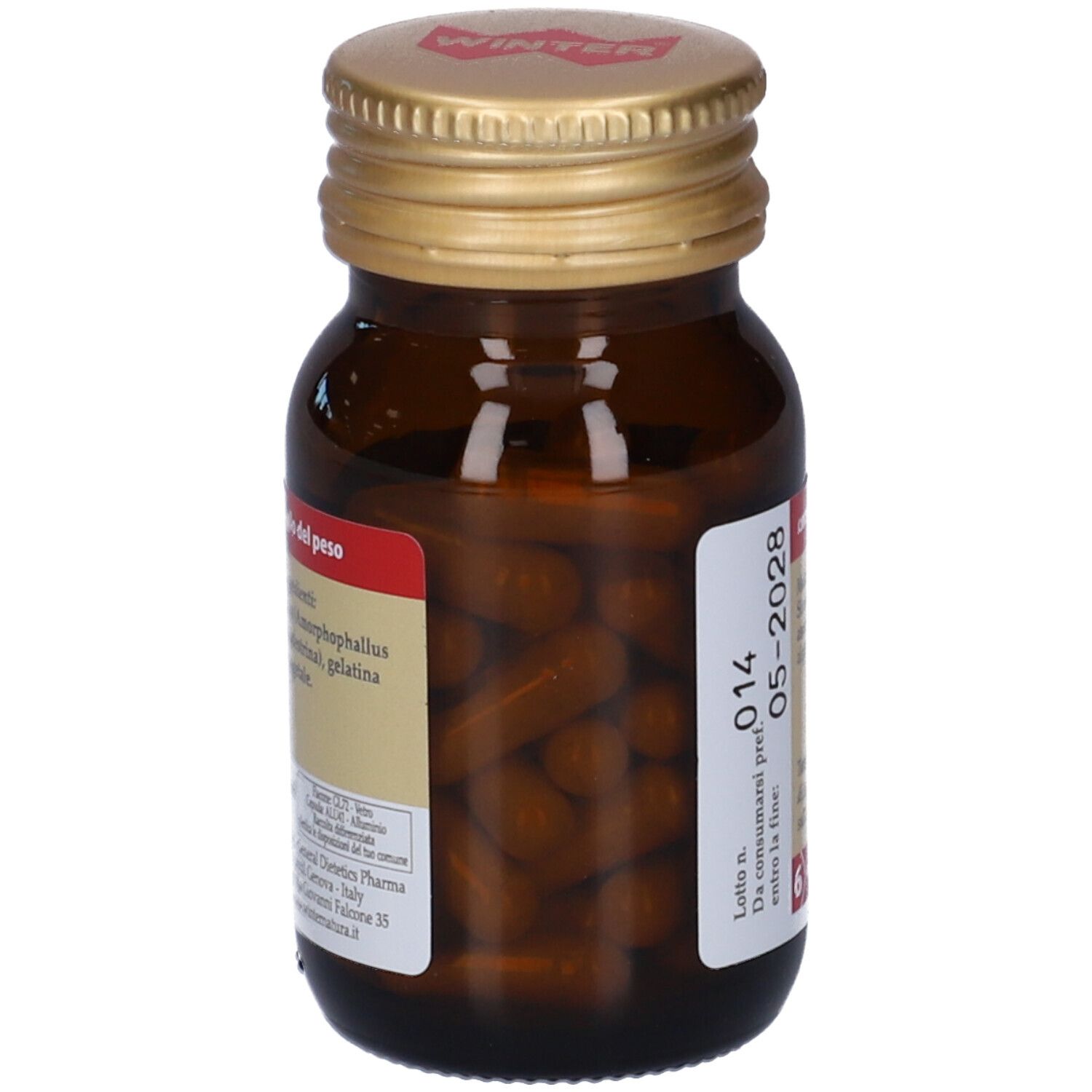 Flacone di vetro marrone con tappo dorato. Capsule visibili. Etichetta con informazioni.