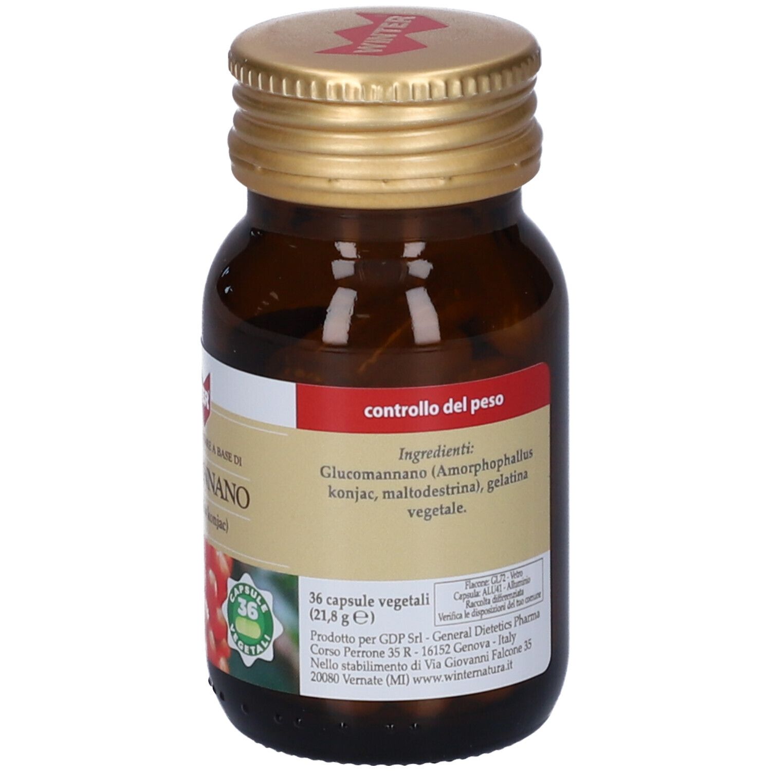 Flacone di vetro marrone con tappo dorato. Etichetta con ingredienti e logo. 36 capsule.