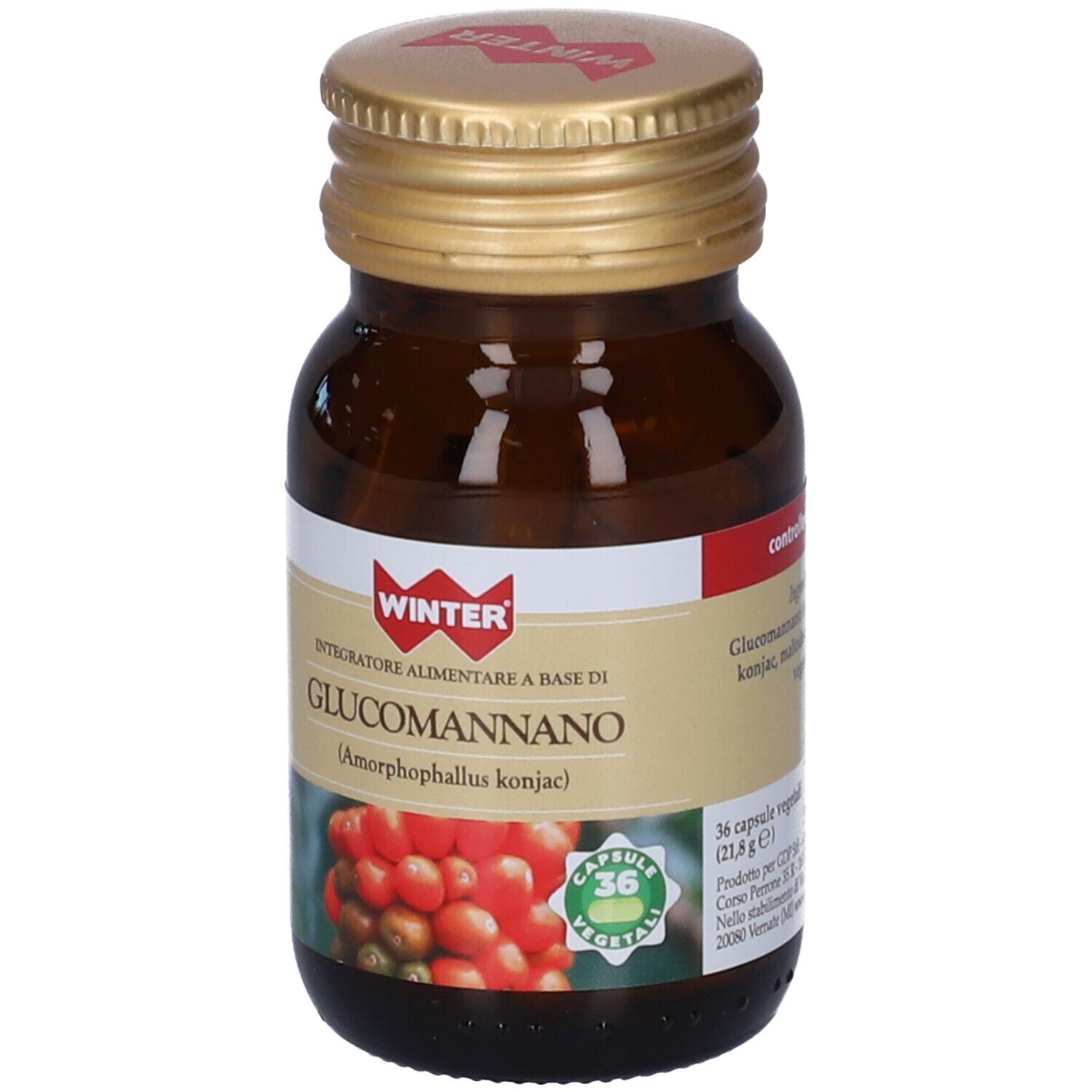 Flacone di vetro marrone con tappo dorato. Etichetta con nome e logo del prodotto. 36 capsule.