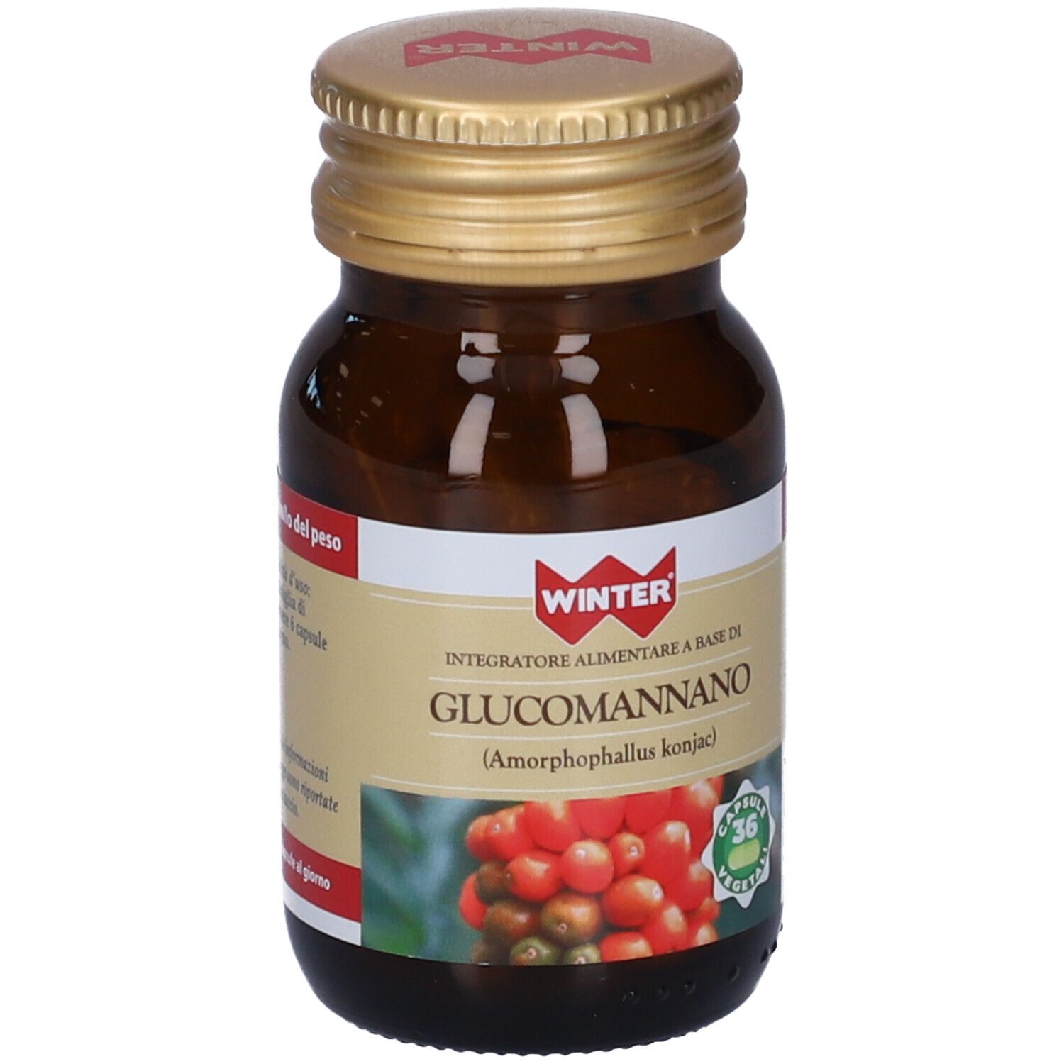 Flacone di vetro marrone con tappo dorato. Etichetta con nome e logo del prodotto. 36 capsule.