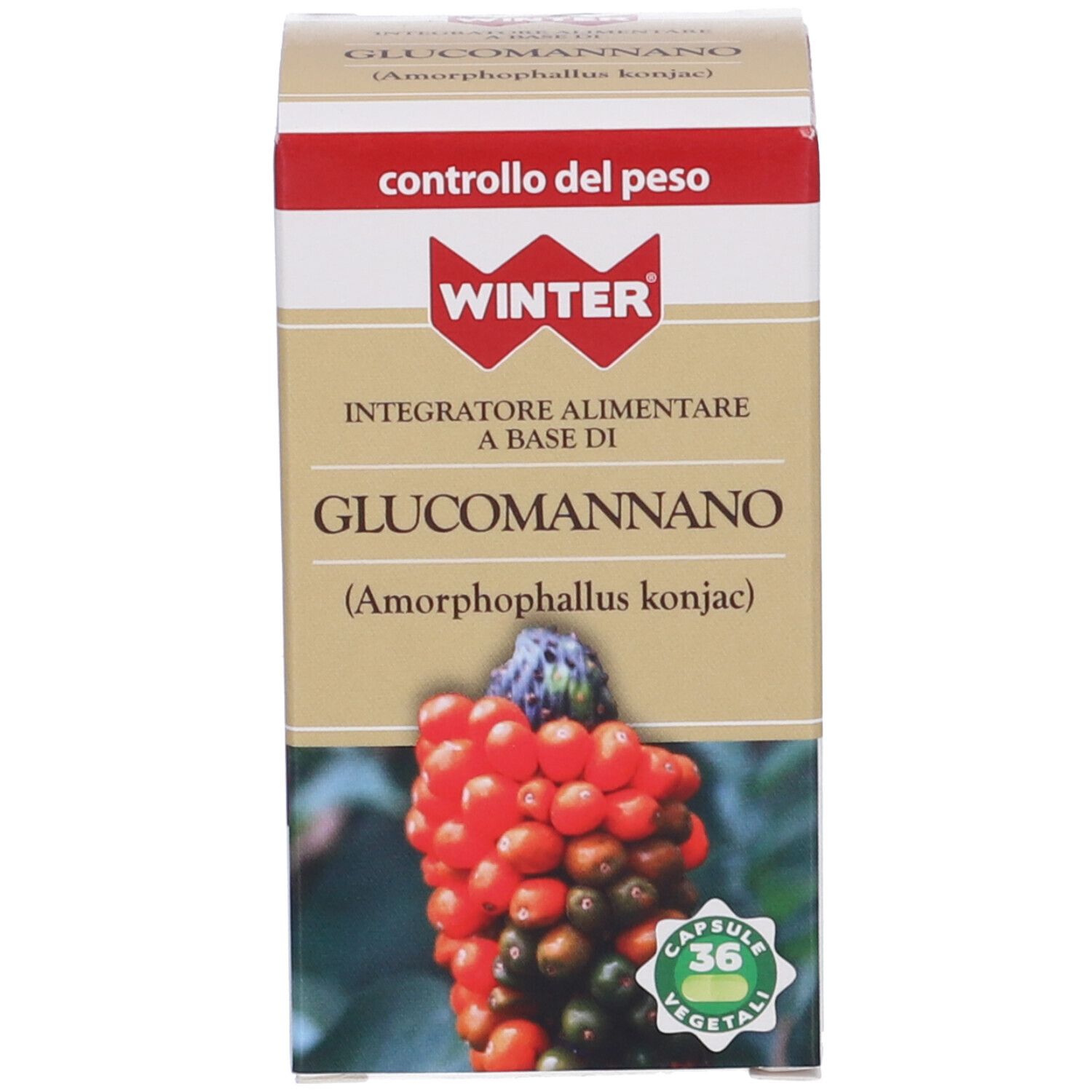 Confezione del prodotto. Logo e nome del prodotto sulla confezione. 36 capsule.