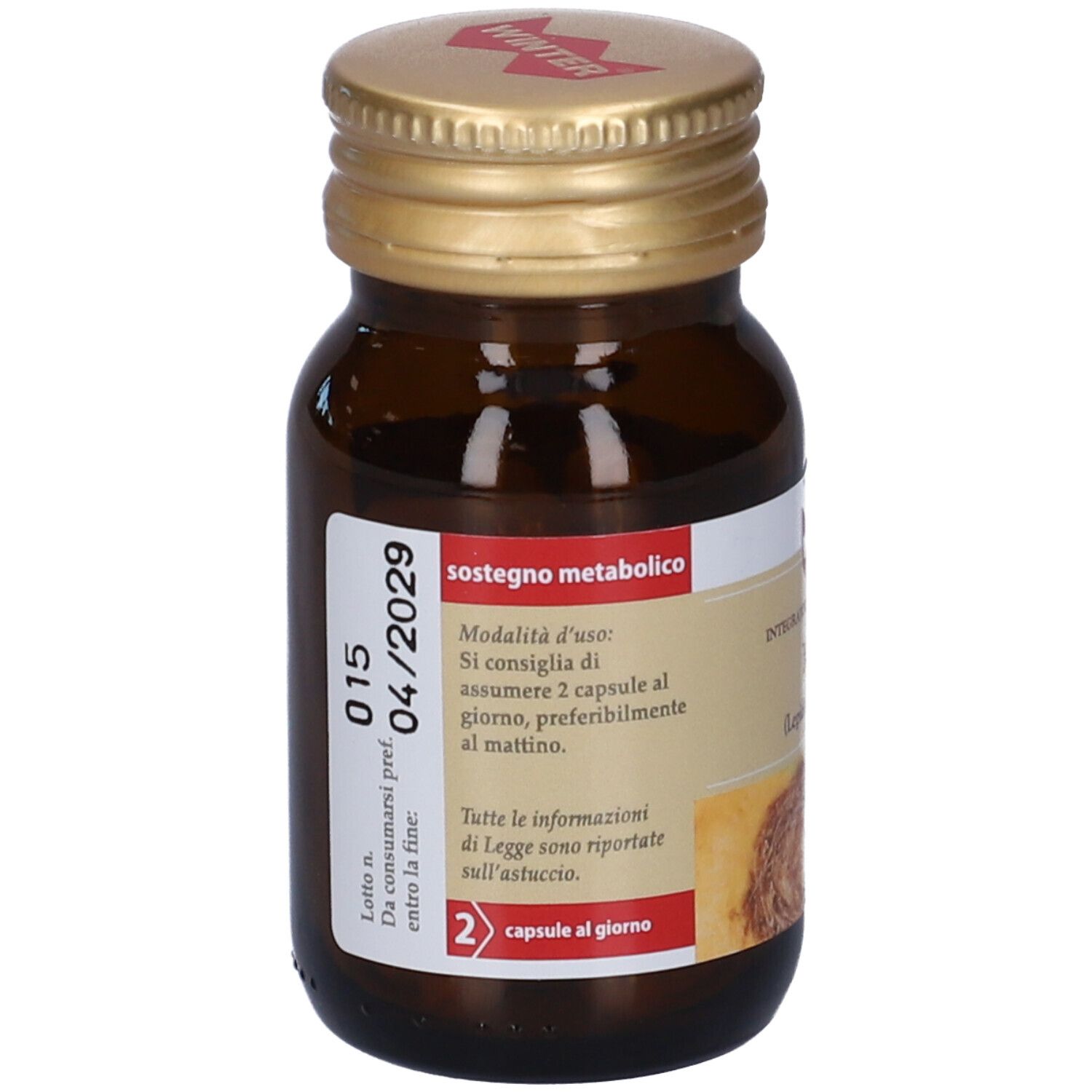 Flacone di vetro marrone con tappo dorato. Retro con testo e scadenza 04/2029. 2 capsule al giorno.