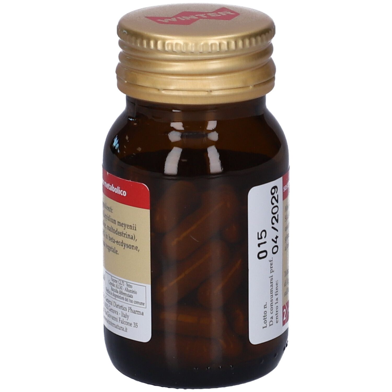 Flacone di vetro marrone con tappo dorato. Capsule visibili. Retro con testo e scadenza 04/2029.