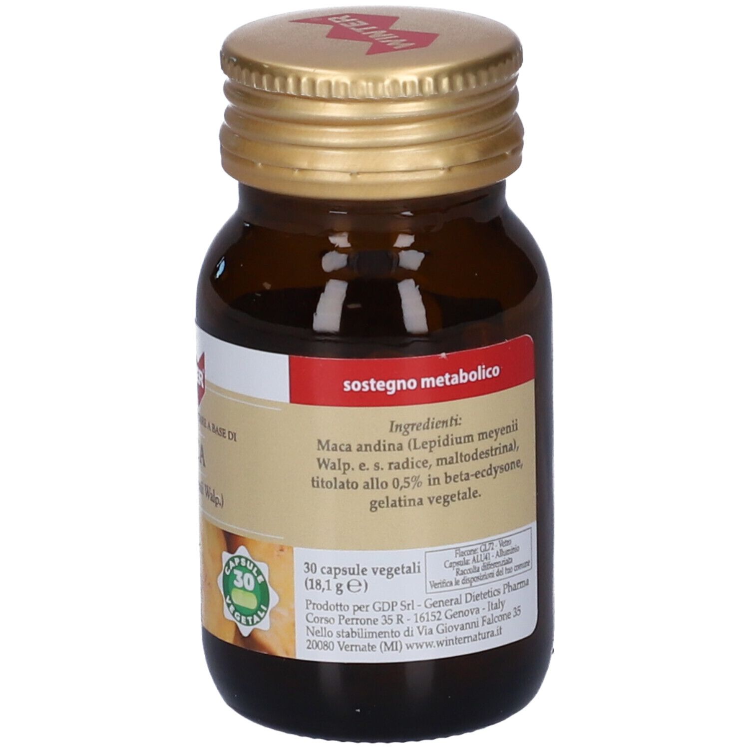 Flacone di vetro marrone con tappo dorato. Etichetta con ingredienti e 30 capsule vegetali.