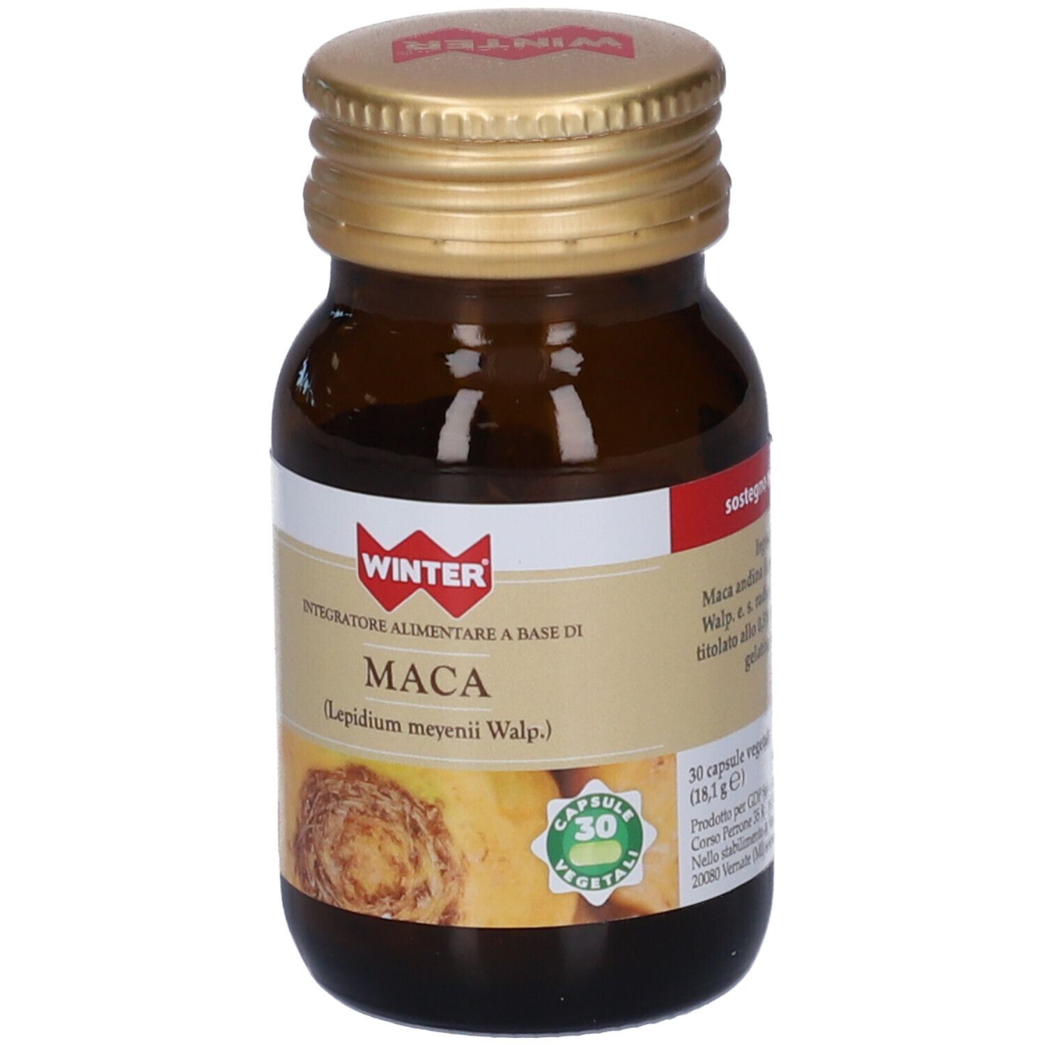 Flacone di vetro marrone con tappo dorato. Etichetta con nome prodotto MACA e logo. 30 capsule vegetali.