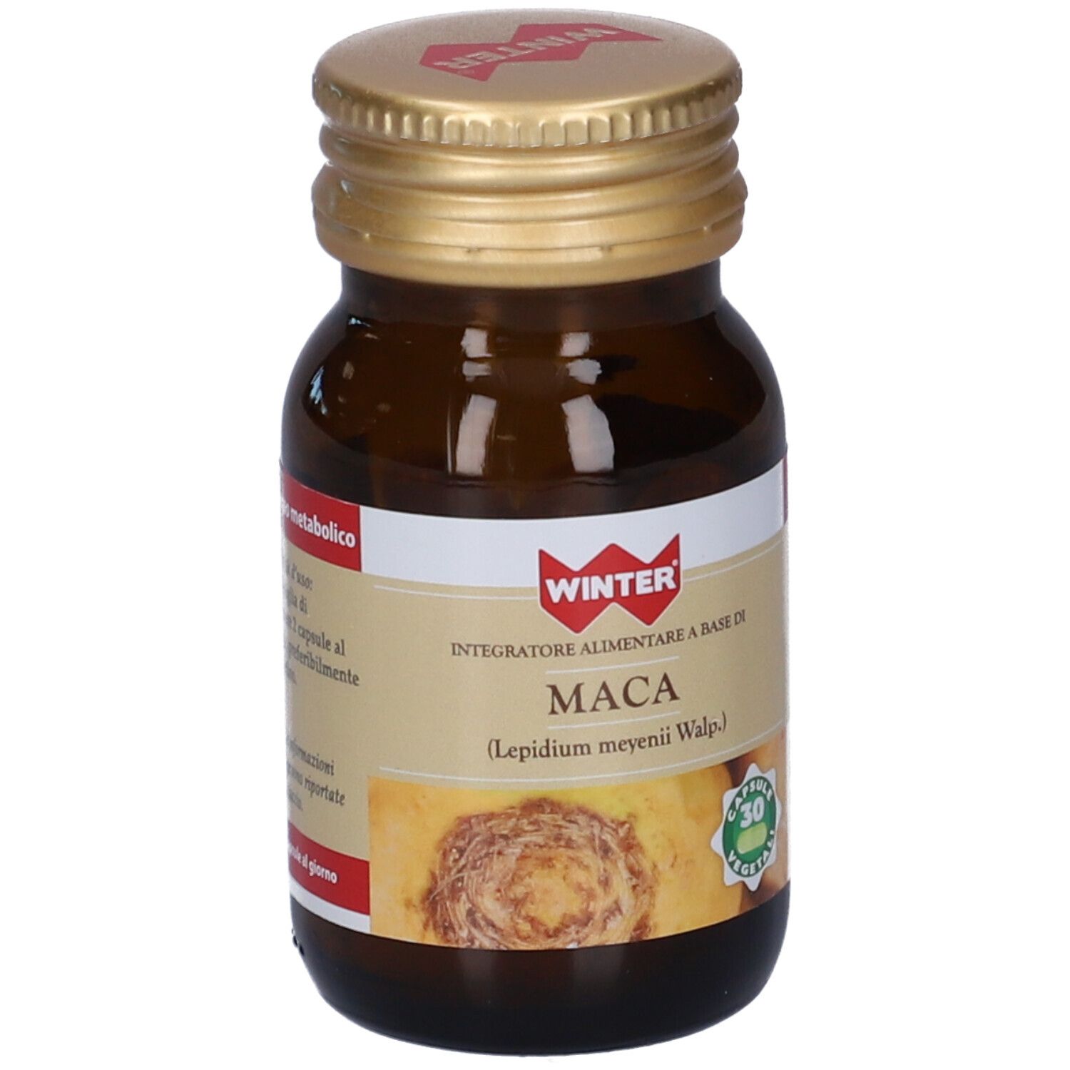 Flacone di vetro marrone con tappo dorato. Etichetta con nome prodotto MACA e logo. 30 capsule vegetali.