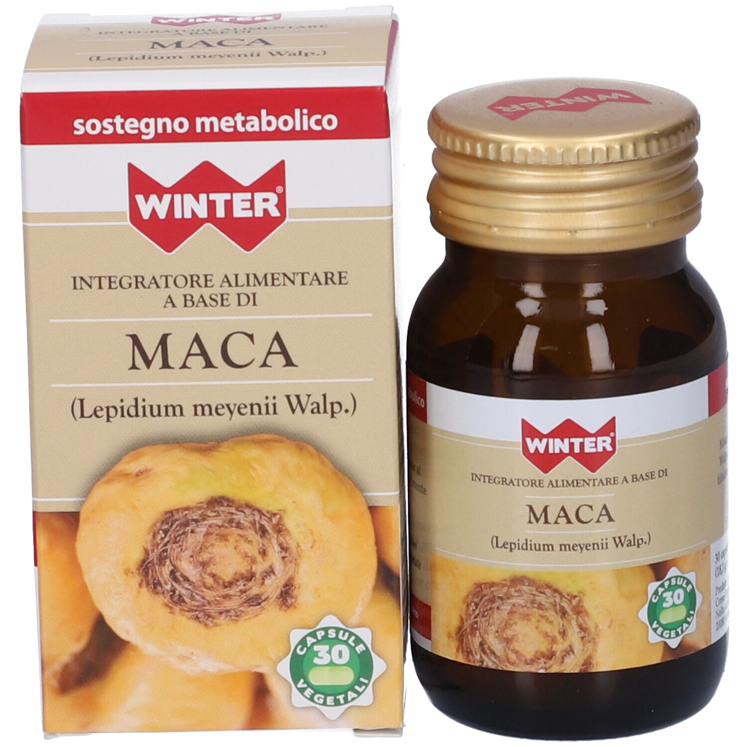 Flacone e confezione del prodotto. Flacone marrone con tappo dorato. Scatola con nome prodotto MACA e logo.