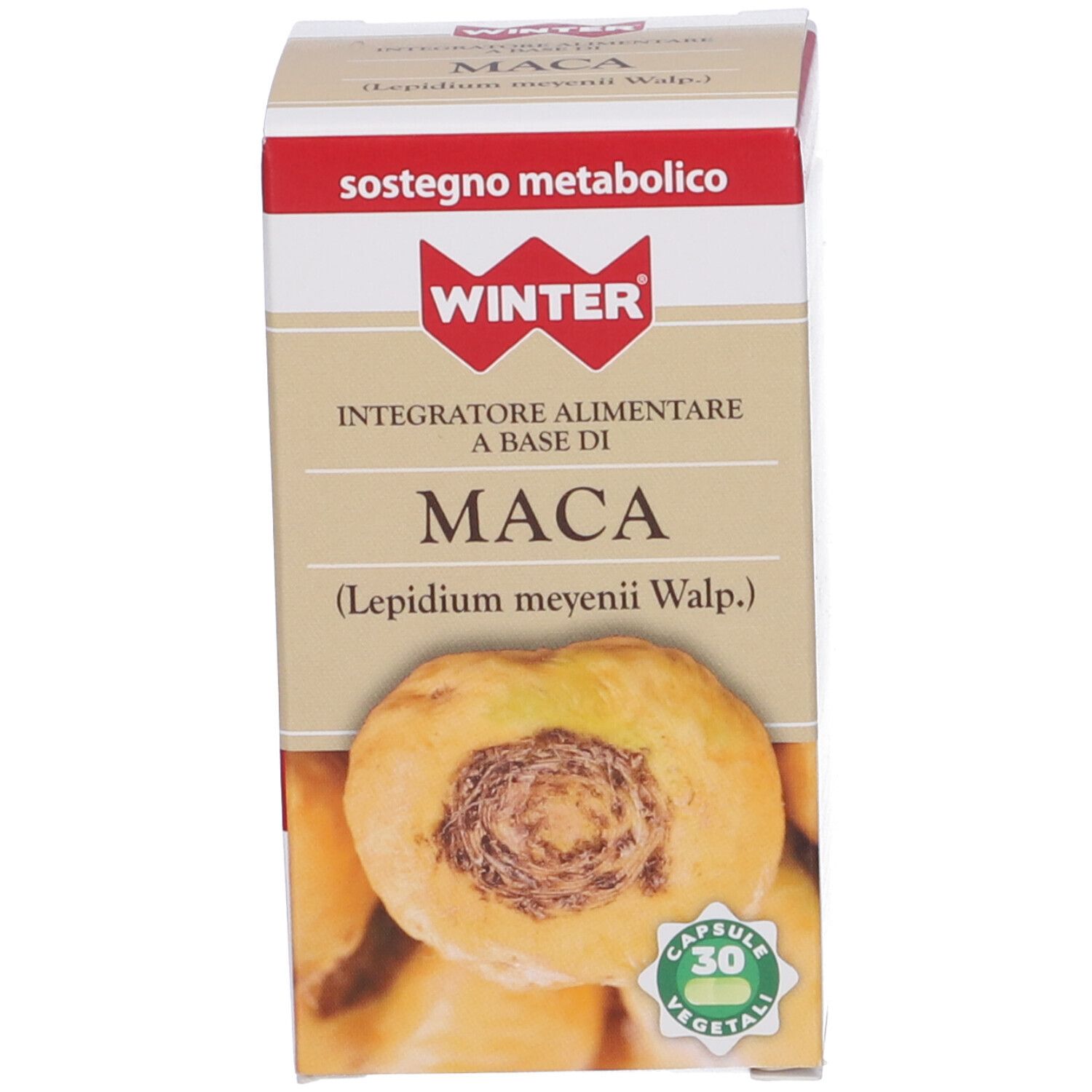 Confezione del prodotto. Scatola con nome prodotto MACA e logo. Illustrazione di un tubero.