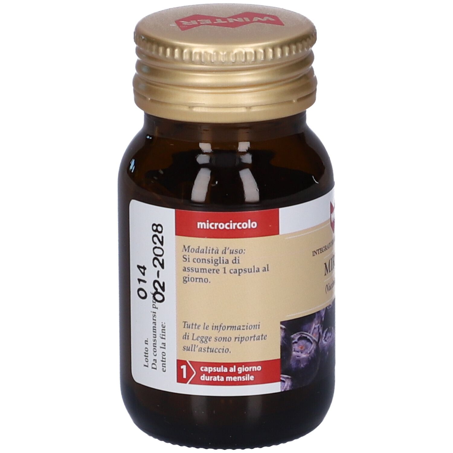 Flacone di vetro marrone con tappo dorato. Etichetta con informazioni sull'uso e data di scadenza 02-2028.