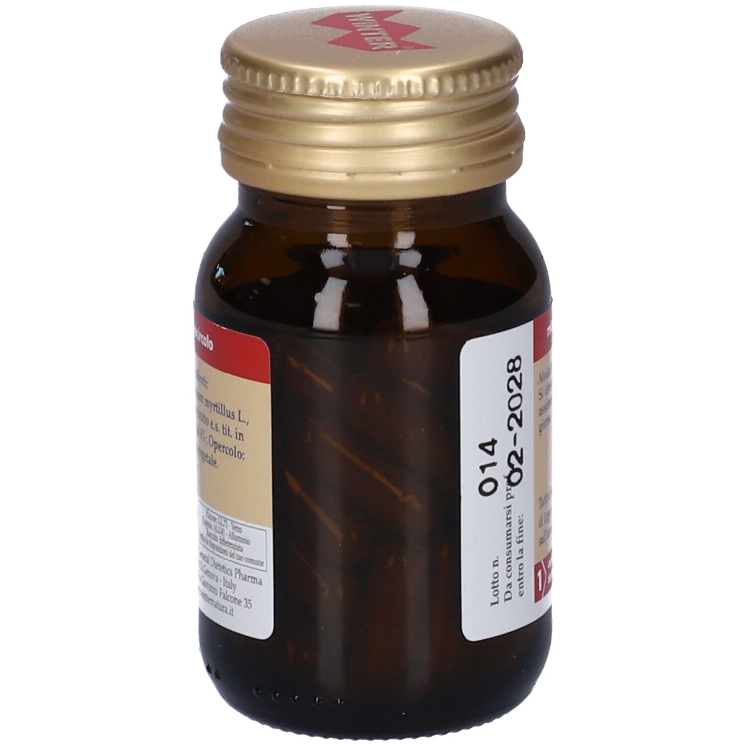 Flacone di vetro marrone con tappo dorato. Vista laterale con etichetta e data di scadenza 02-2028.