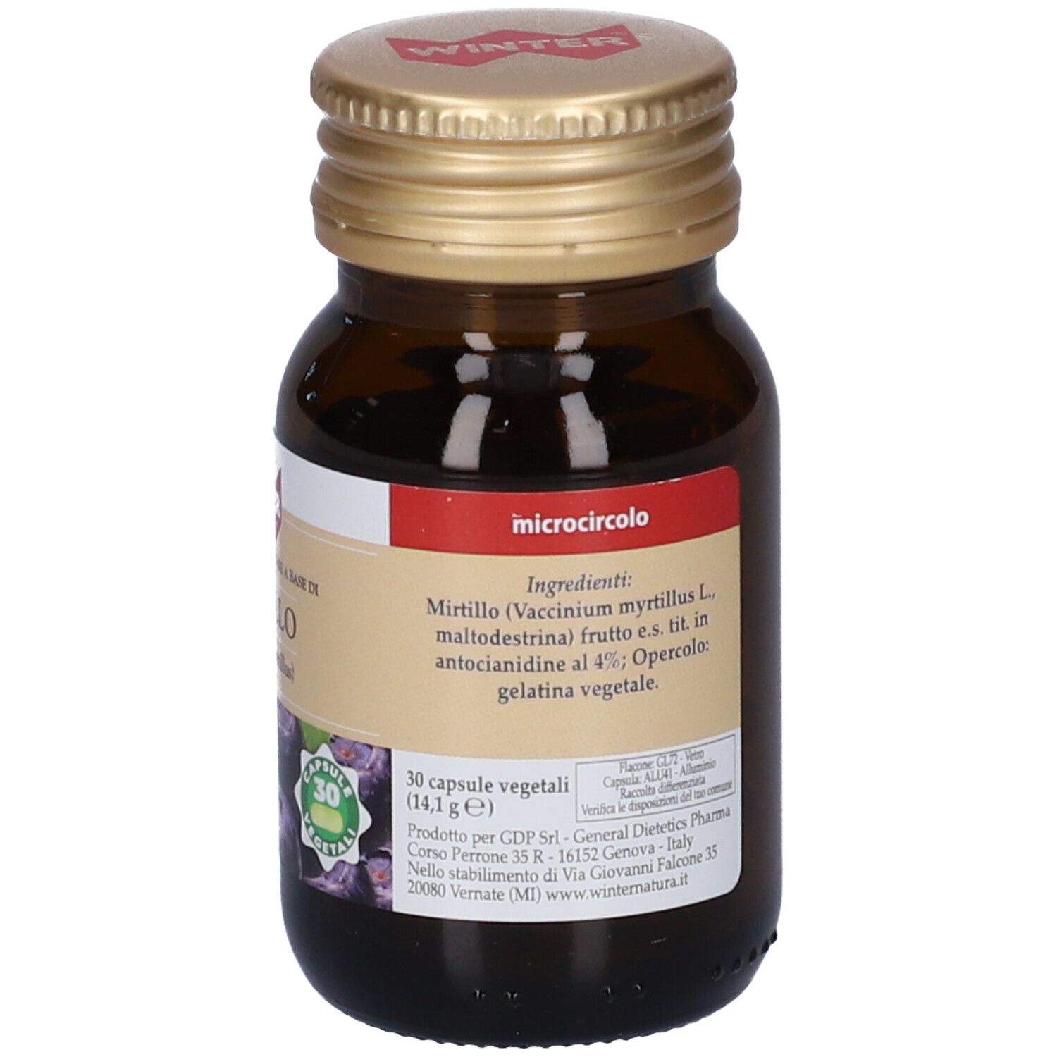 Flacone di vetro marrone con tappo dorato. Etichetta con ingredienti, tra cui Mirtillo (Vaccinium myrtillus).