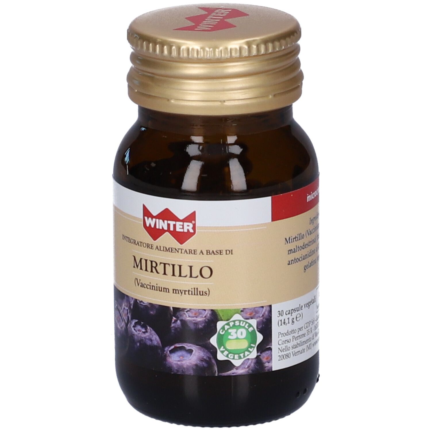 Flacone di vetro marrone con tappo dorato. Etichetta con nome Mirtillo e 30 capsule. Immagine di mirtilli.