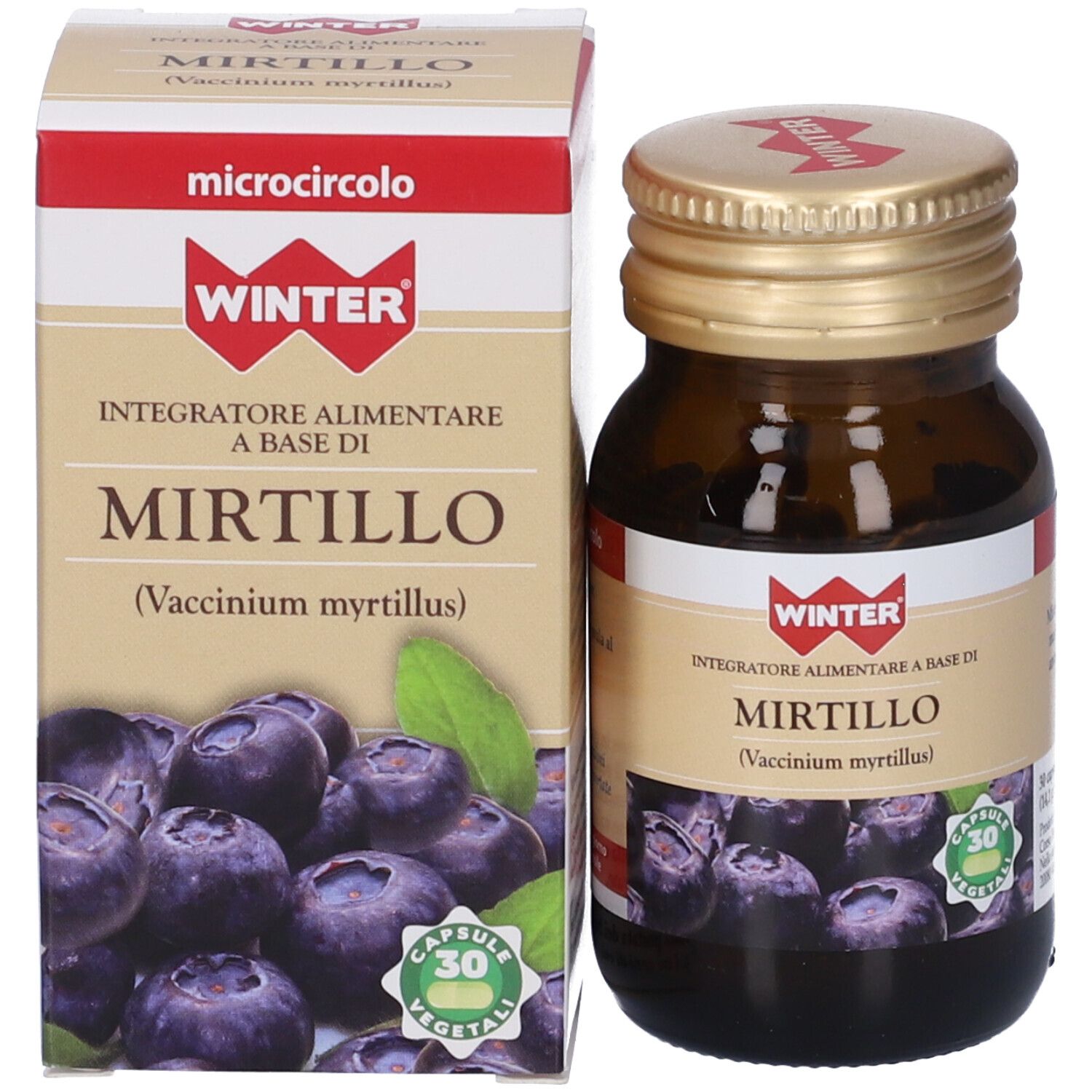 Flacone e confezione del prodotto. Flacone marrone con tappo dorato e scatola. Scritta Mirtillo.