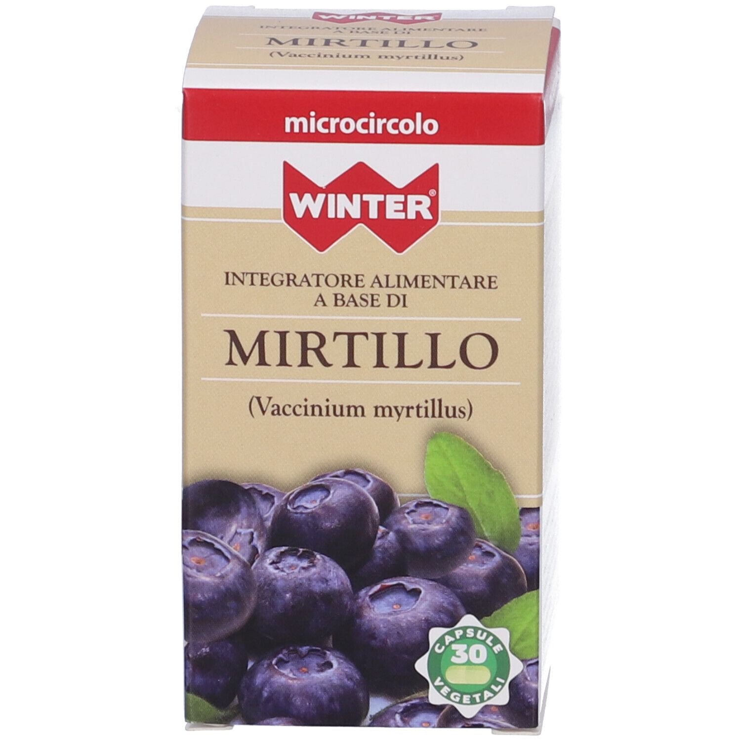 Confezione del prodotto. Scatola con scritta Mirtillo e immagine di mirtilli. 30 capsule.