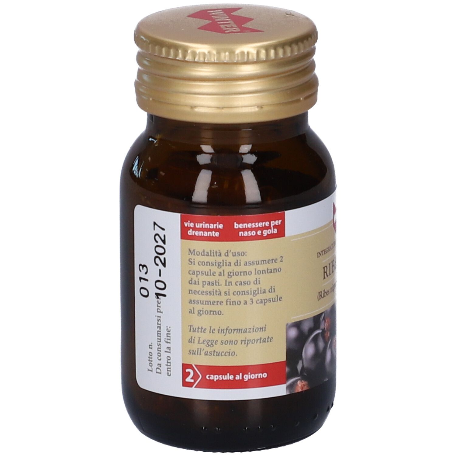 Flacone marrone, tappo dorato. Etichetta con testo. Numero di lotto e data di scadenza. 2 capsule al giorno.