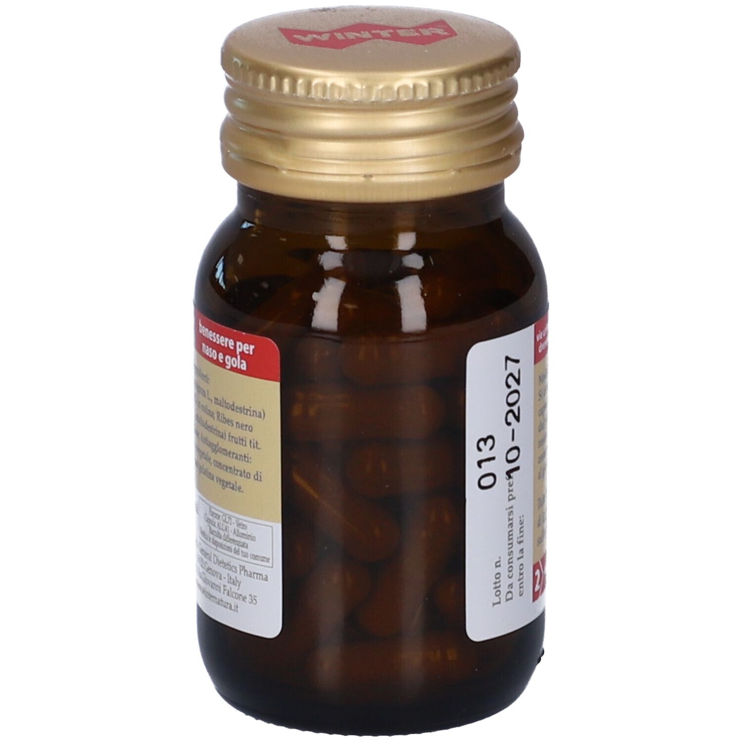 Flacone marrone, tappo dorato. Retro con testo. Numero di lotto e scadenza. Capsule visibili.