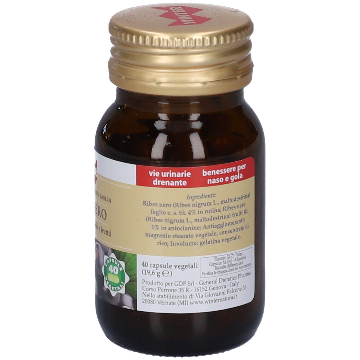 Flacone marrone, tappo dorato. Etichetta con ingredienti e testo. 40 capsule vegetali.