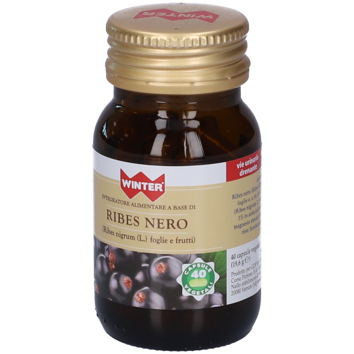 Flacone marrone, tappo dorato. Etichetta con testo e immagine di ribes nero. 40 capsule.