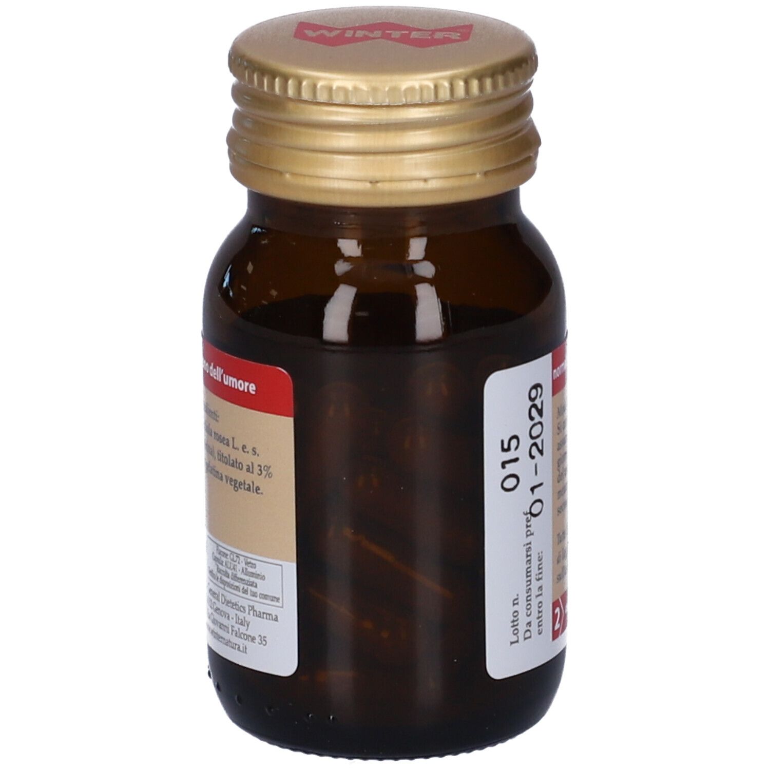 Flacone marrone. Etichetta con testo: umore normale, ingredienti, data di scadenza.