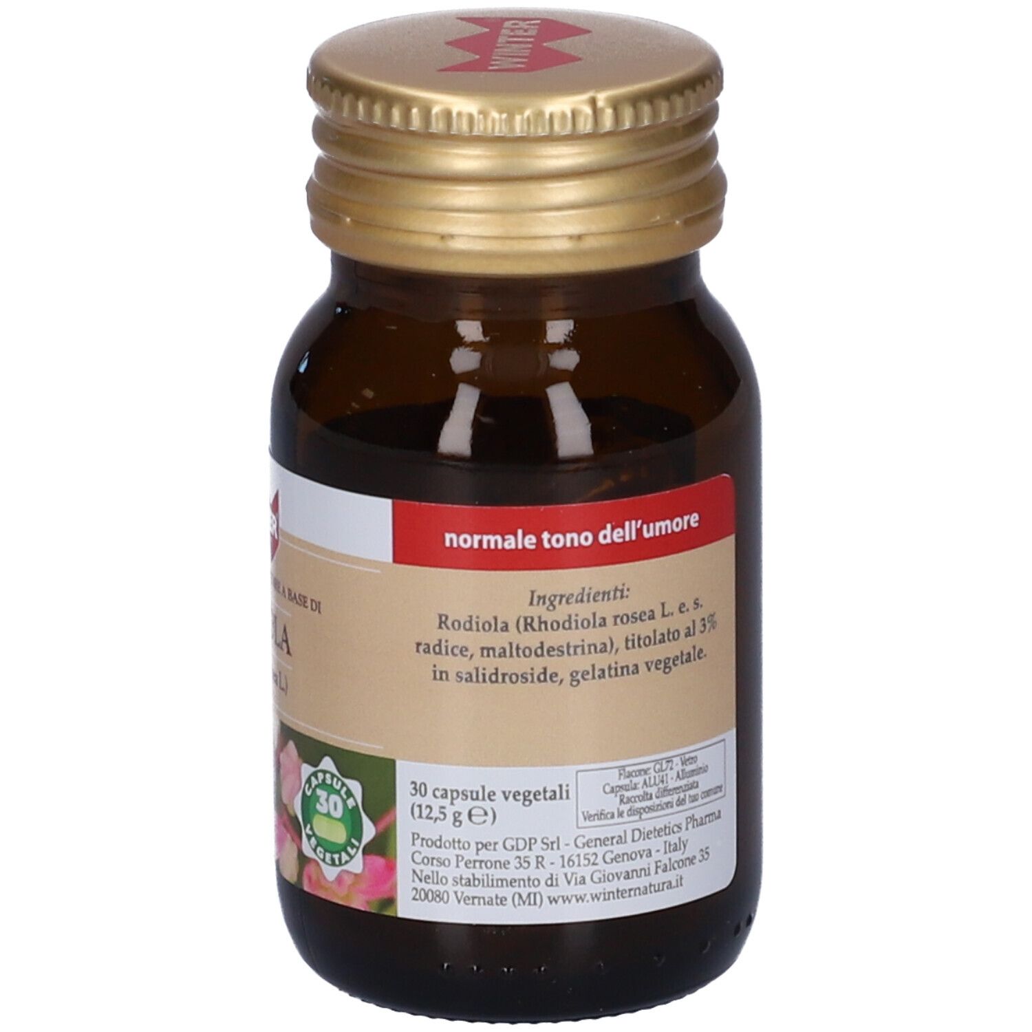 Flacone marrone. Etichetta con testo: Rodiola, ingredienti, 30 capsule, vegetali.