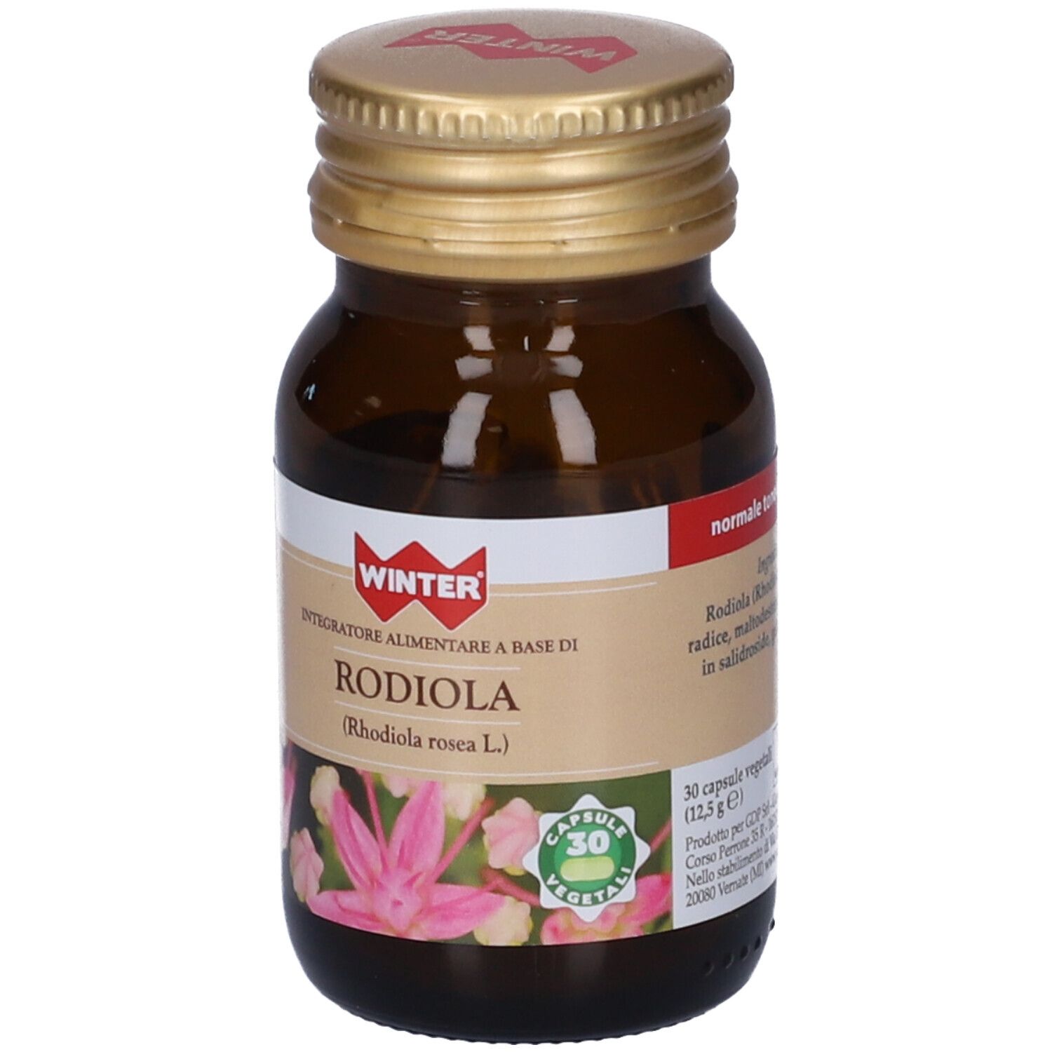 Flacone marrone. Etichetta con testo: Rodiola, 30 capsule, vegetali, logo.